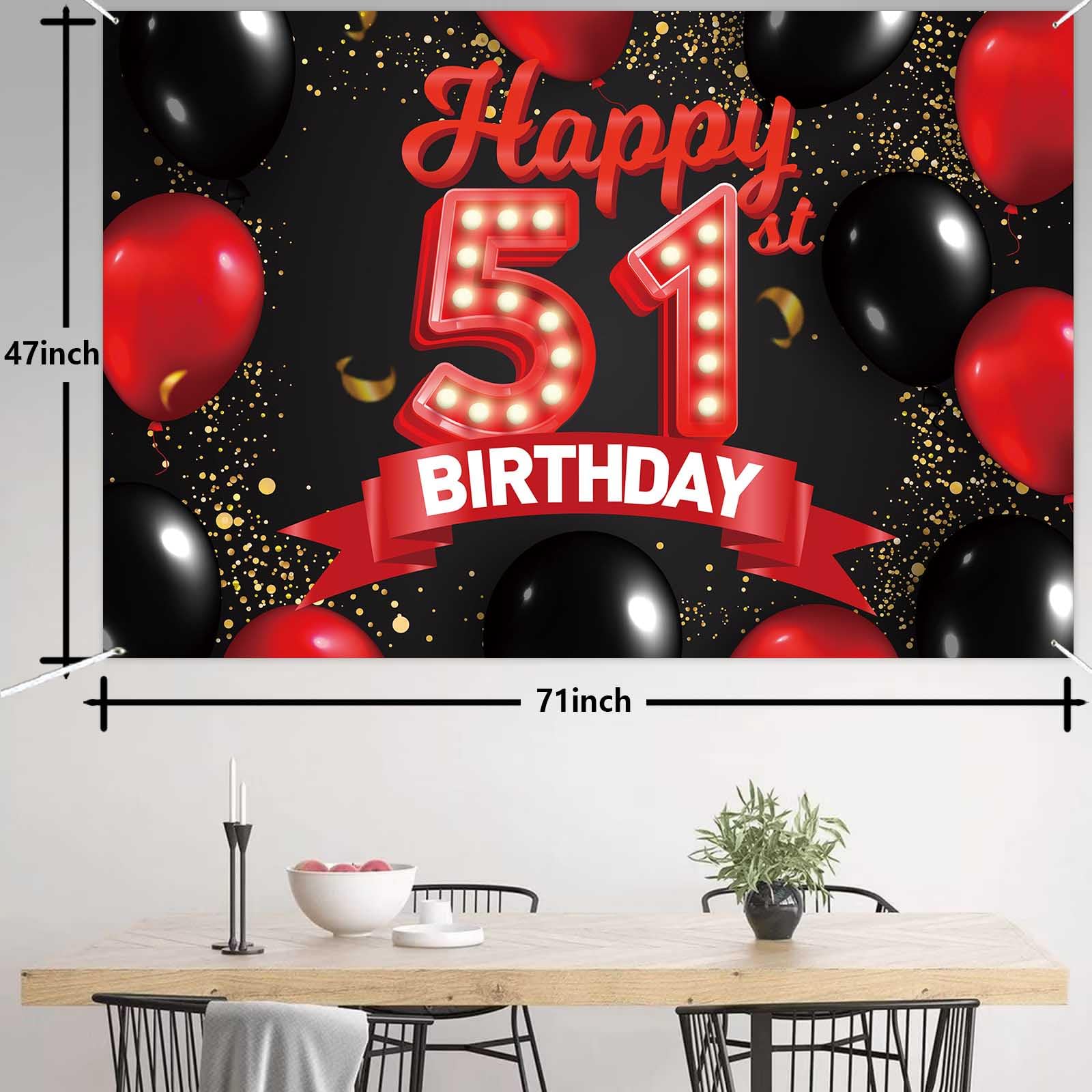 Happy 51St Birthday Red And Black Banner Backdrop Decorations Balloons Theme Decor For Girls Women Princess 51 Years Old Birthda