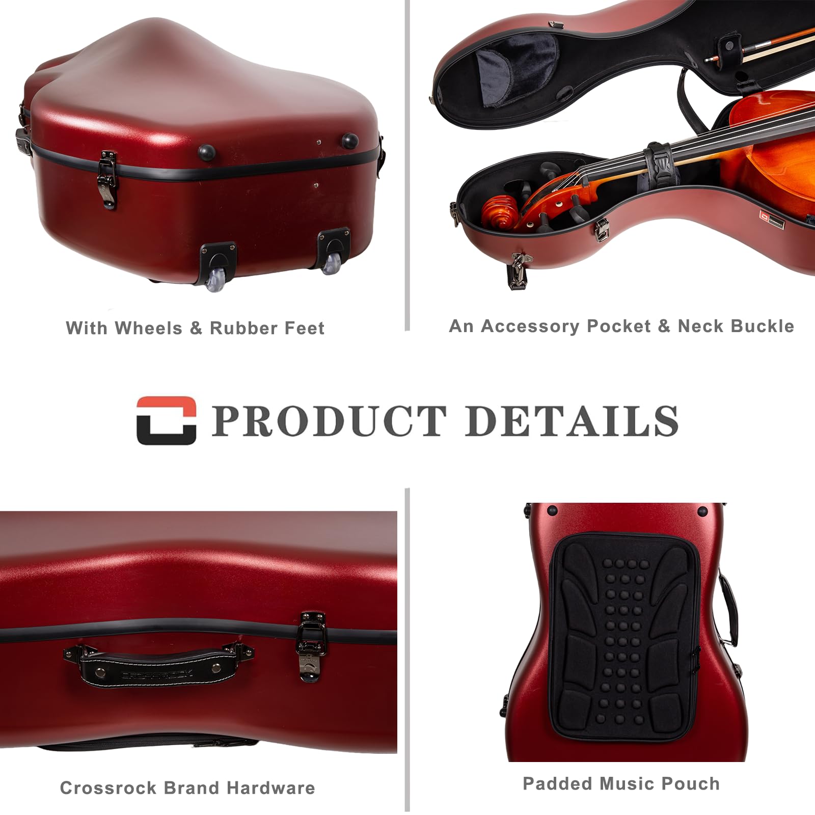 Crossrock Poly Carbon Cello Case For 4/4 Full Size | Red Matte Finish, Black Velvet Interior, Wheels, Music Pouch - Lightweight