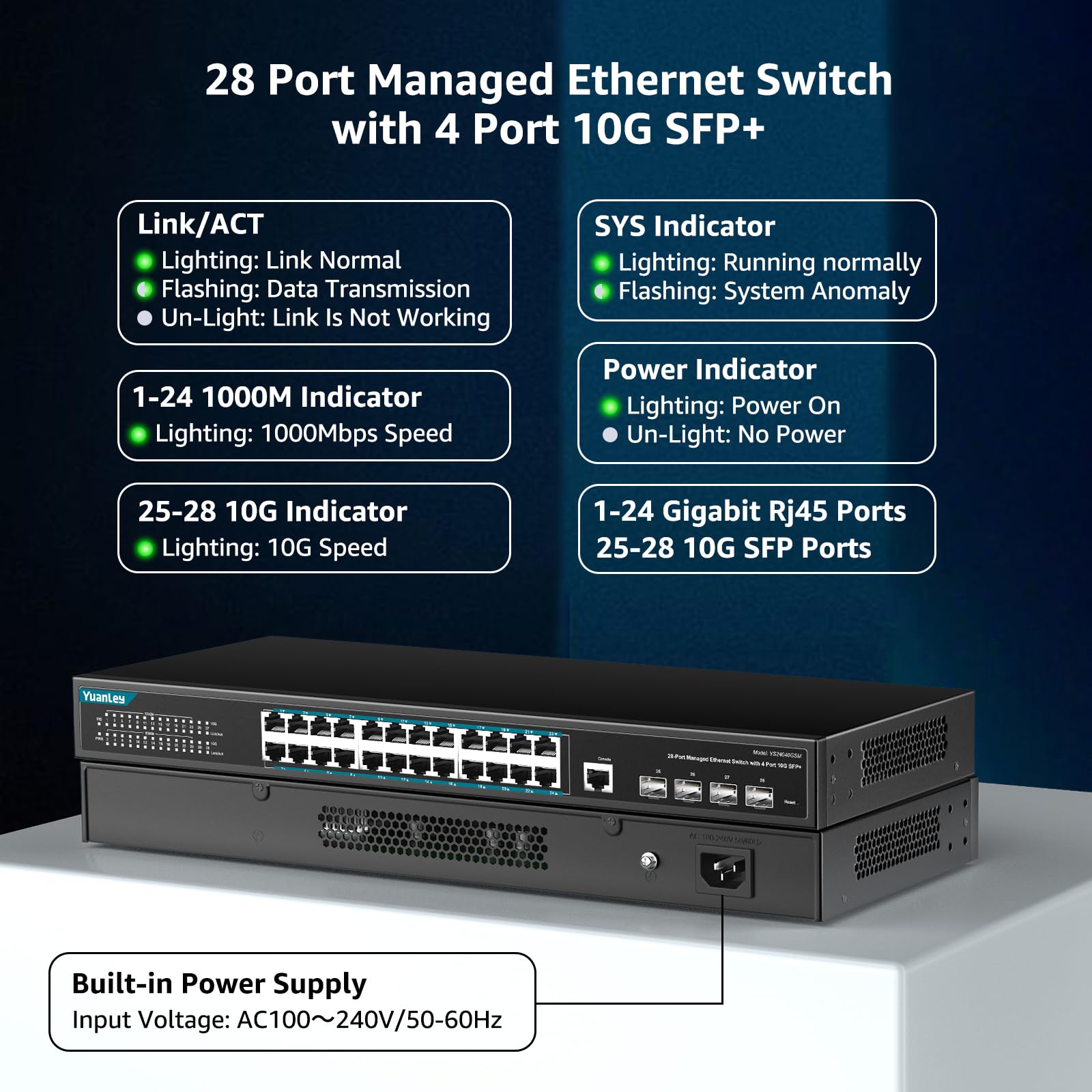 Yuanley 28 Port Gigabit Managed Switch With 24 10/100/1000Mbps Rj45 Ports, 4X 10Gbps Sfp+, L3 Smart Managment Ethernet Switch, V