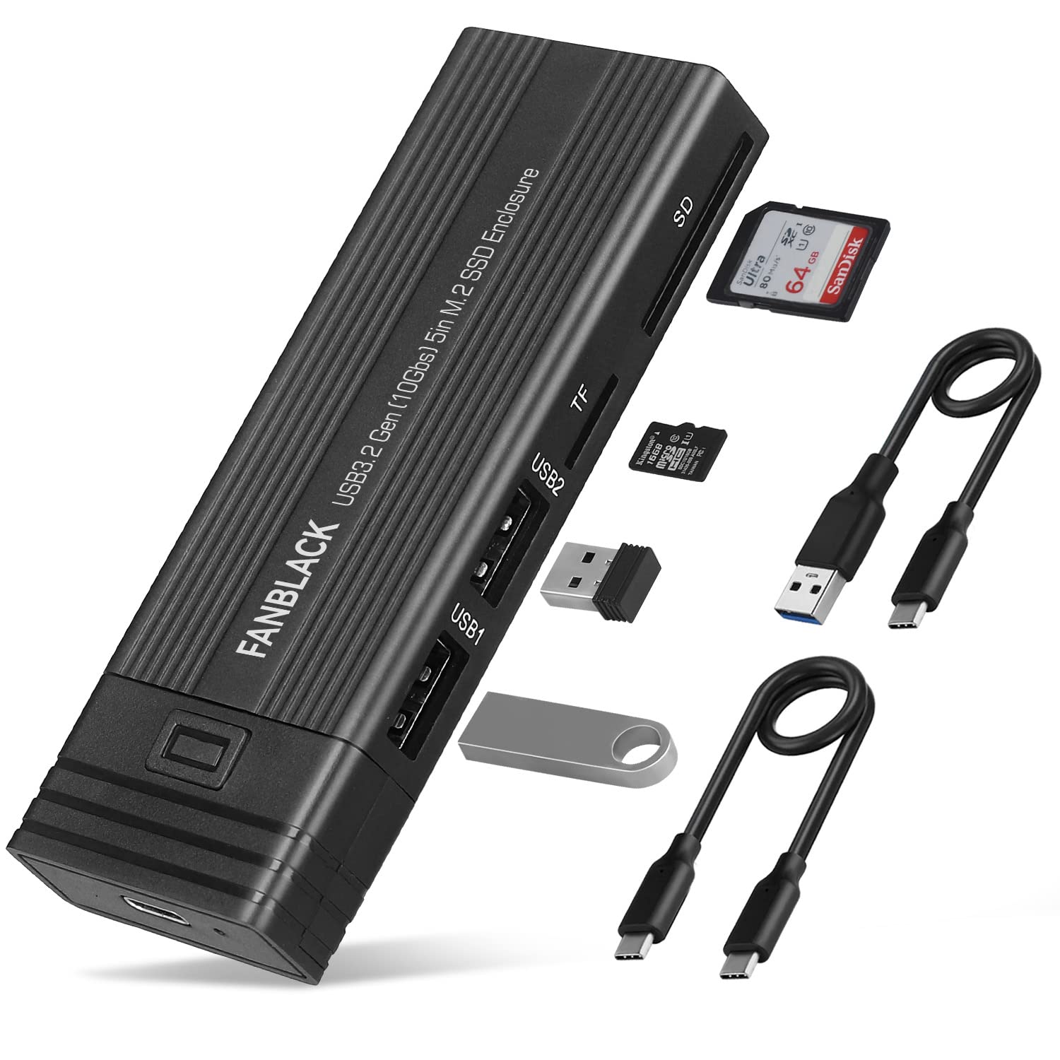 Fanblack 2 In 1 M.2 Nvme Ssd Enclosure Adapter Tool Free, Usb 3.2 Gen 2 10Gbps Hdd Adapter Mkey(B+M Key) Ssd Reader, With 2 Port