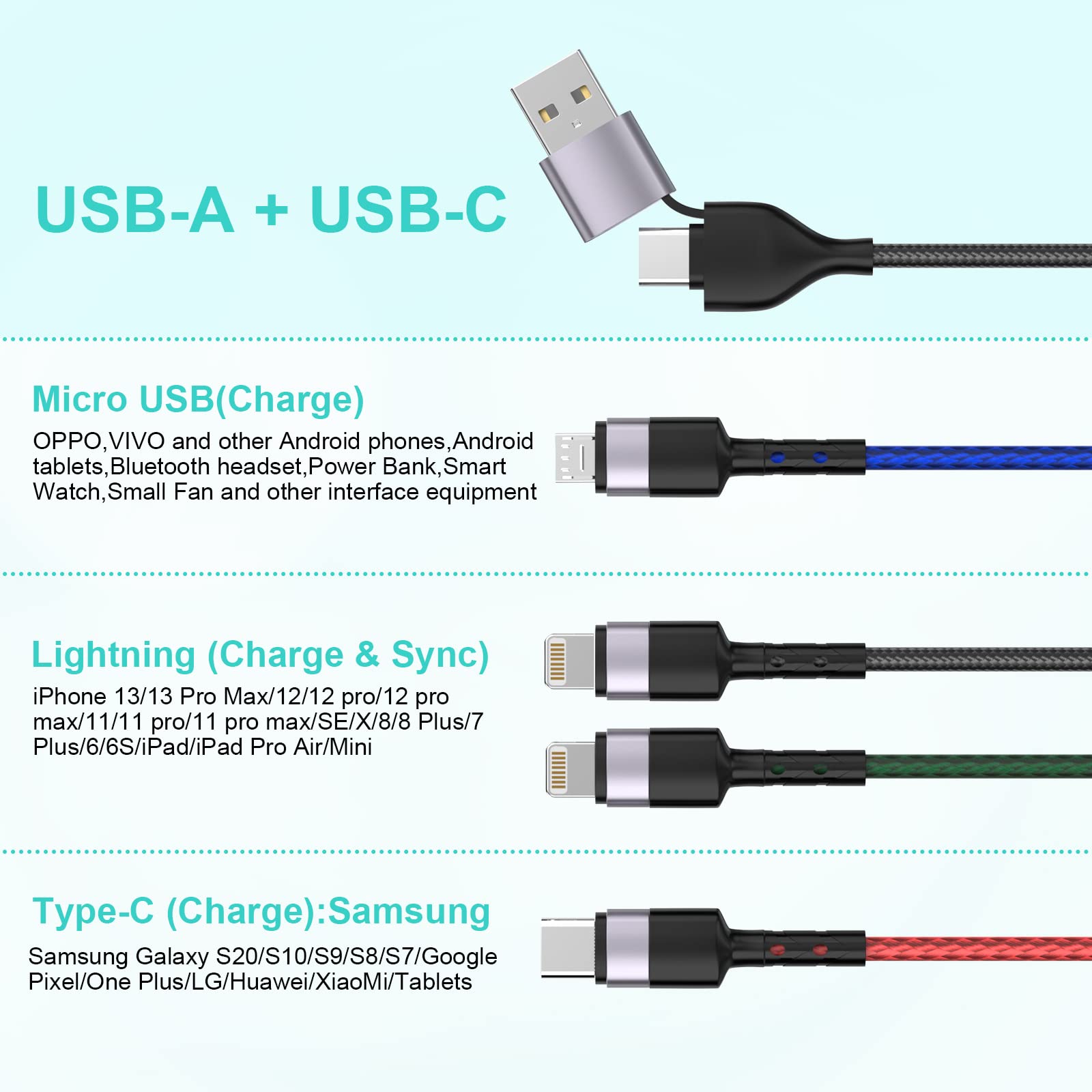 6 In 1 Multi Universal 1.8M/6Ft Phone Charging Cable?Usb A/Type C To Lightning*2+Type C+Micro Usb Nylon Braided Sync Charger Cor