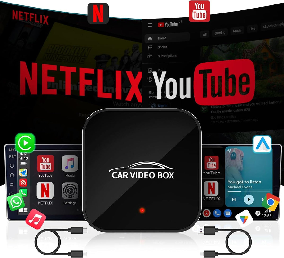 Wireless Carplay Adapter With Youtube, 2024 Carplay Wireless Adapter & Android Auto Wireless Dongle Easy To Setup,5Ghz Wifi,Vide