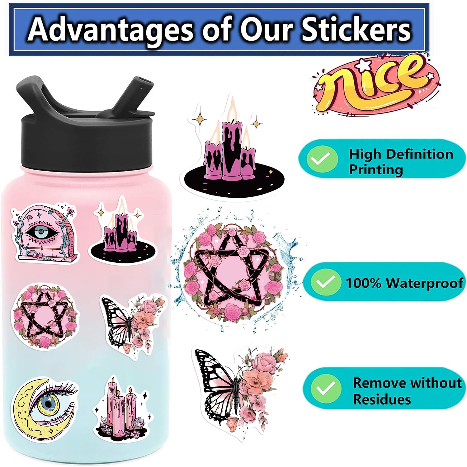Yoksas Gothic Pink Witch Stickers   50Pcs Waterproof Pastel Goth Astrology Witchy Stickers For Scrapbook,Laptop, Water Bottle,No