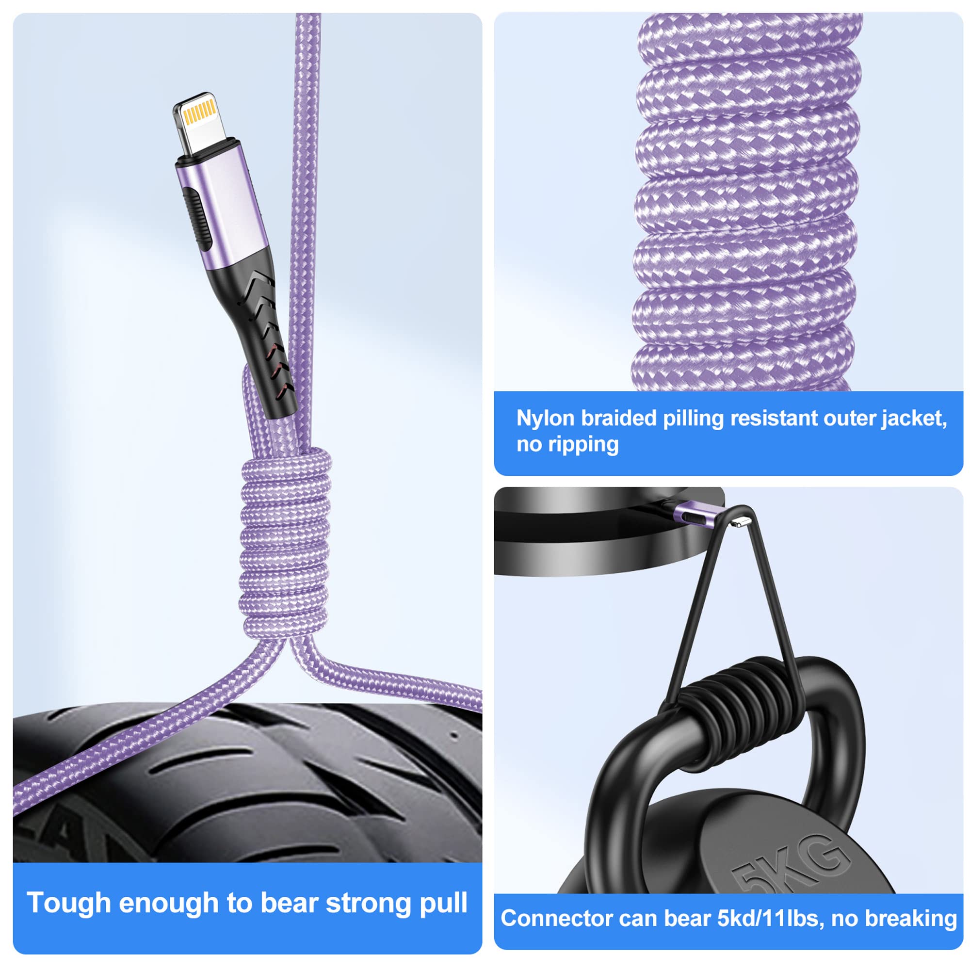 Durcord Iphone Charger, [Apple Mfi Certified] 3Pack 10Ft Usb A Cable For Long Lightning Charger Cable, Fast Iphone Charging Cord For Iphone Xs Max/Xs/Xr/X/8/7/6S/6/Plus/Se/Ipad(Light Purple)