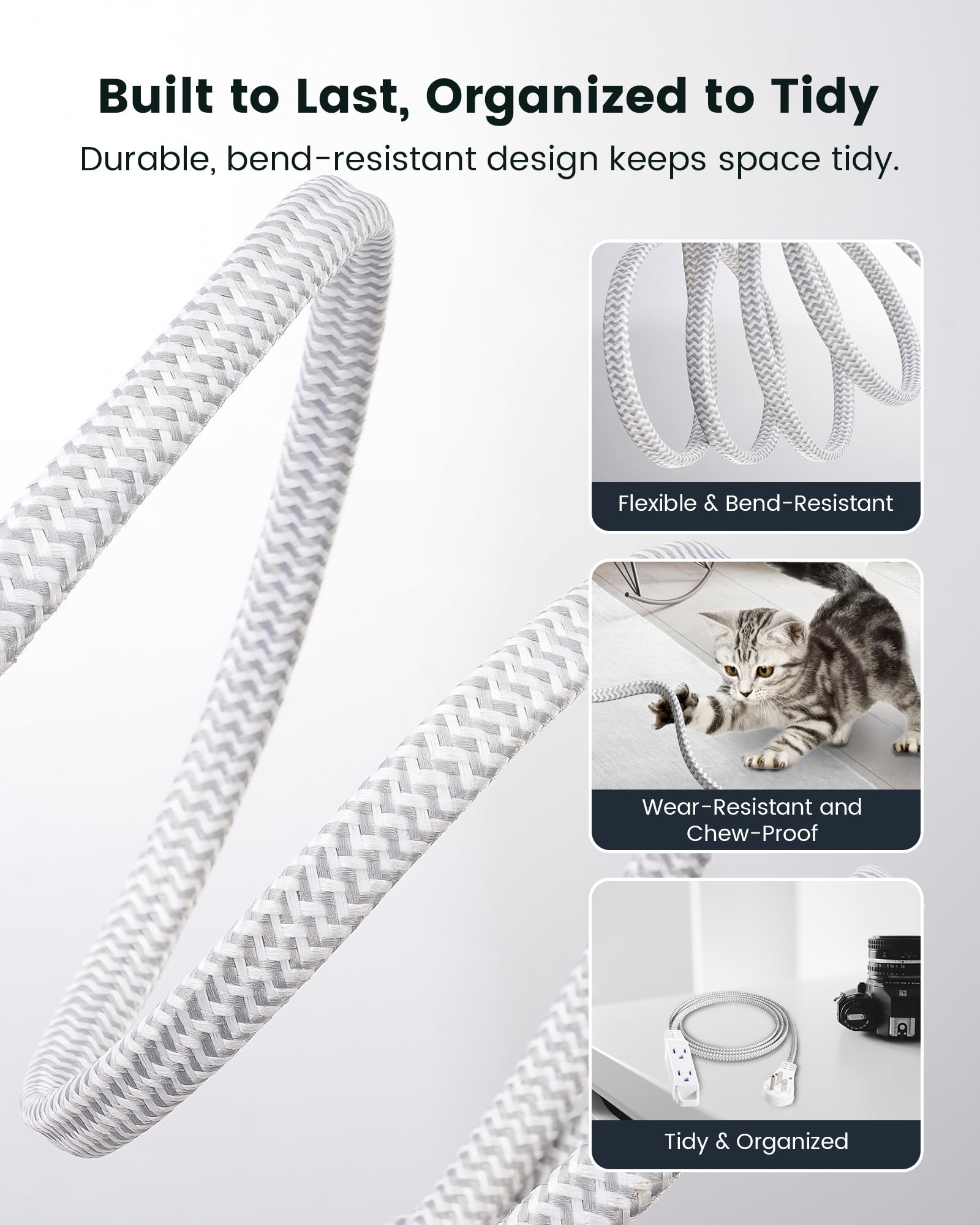 Suraielec 20Ft 360 Rotating Flat Plug Extension Cord Flat Wall Plug With 3 Outlets, Braided Flat White Extension Cord For Indoor