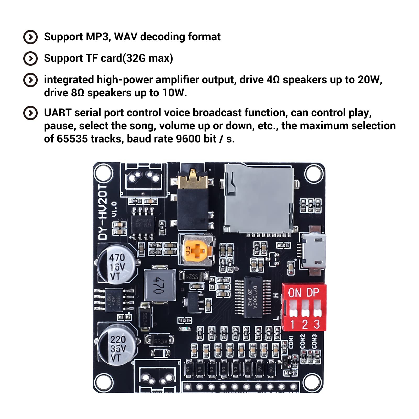20W Voice Playback Module, Pemenol Dc 6 35V Sound Board Usb Downloadable Music Player 24 Bit Dac Output Mp3 Wav Support Tf Card