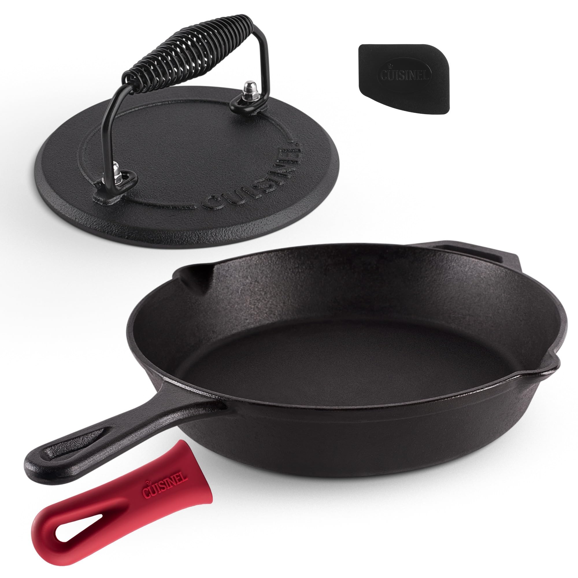 Cast Iron Skillet + Grill Press + Scraper Set - 12-inch Pre-Seasoned Frying Pan + Silicone Handle Grip - 7 Round Burger Smasher 