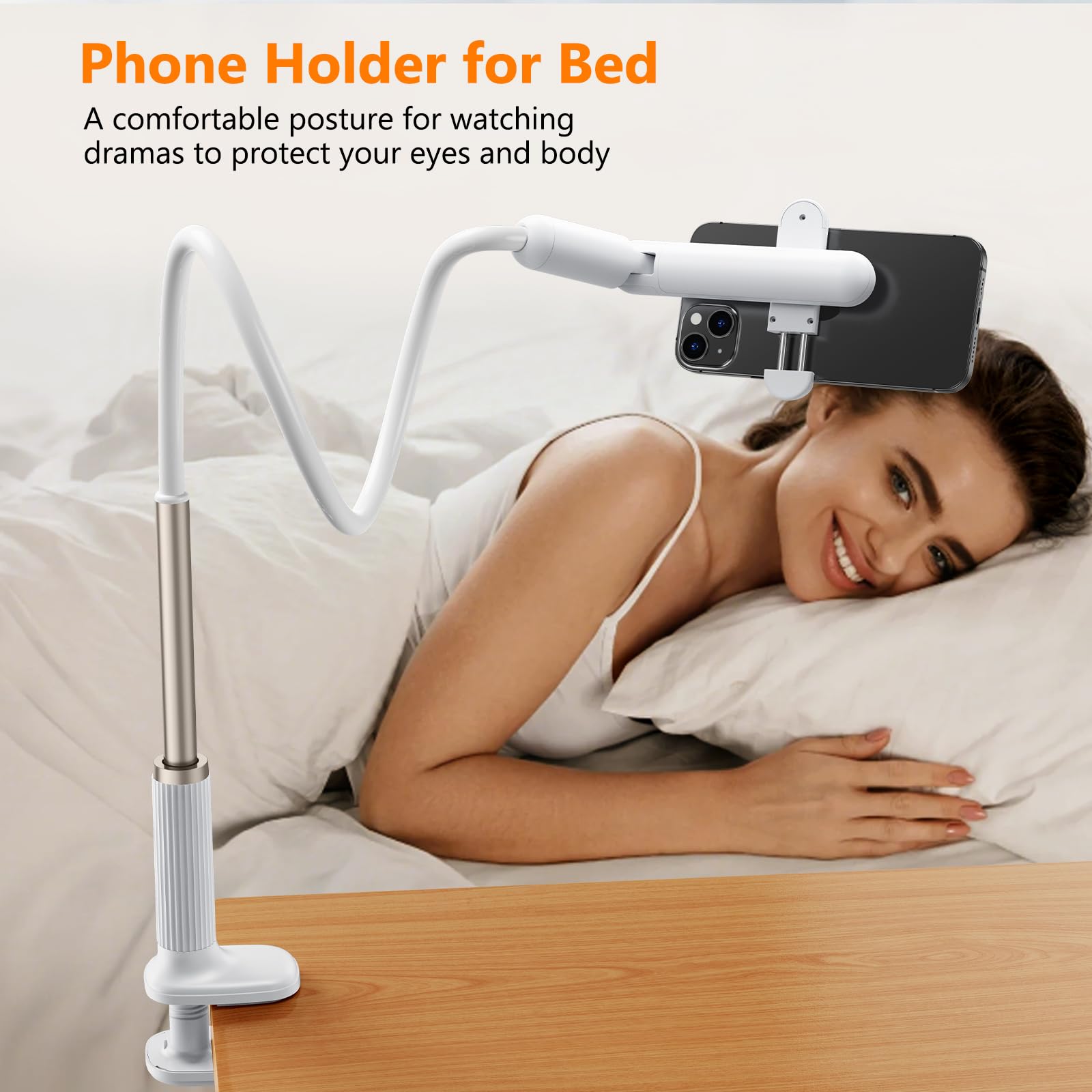 Nediea Phone Holder For Bed, Gooseneck Cell Phone Stand With Clamp Mount, 900 Rotation Overhead Lazy Bracket With Flexible Long