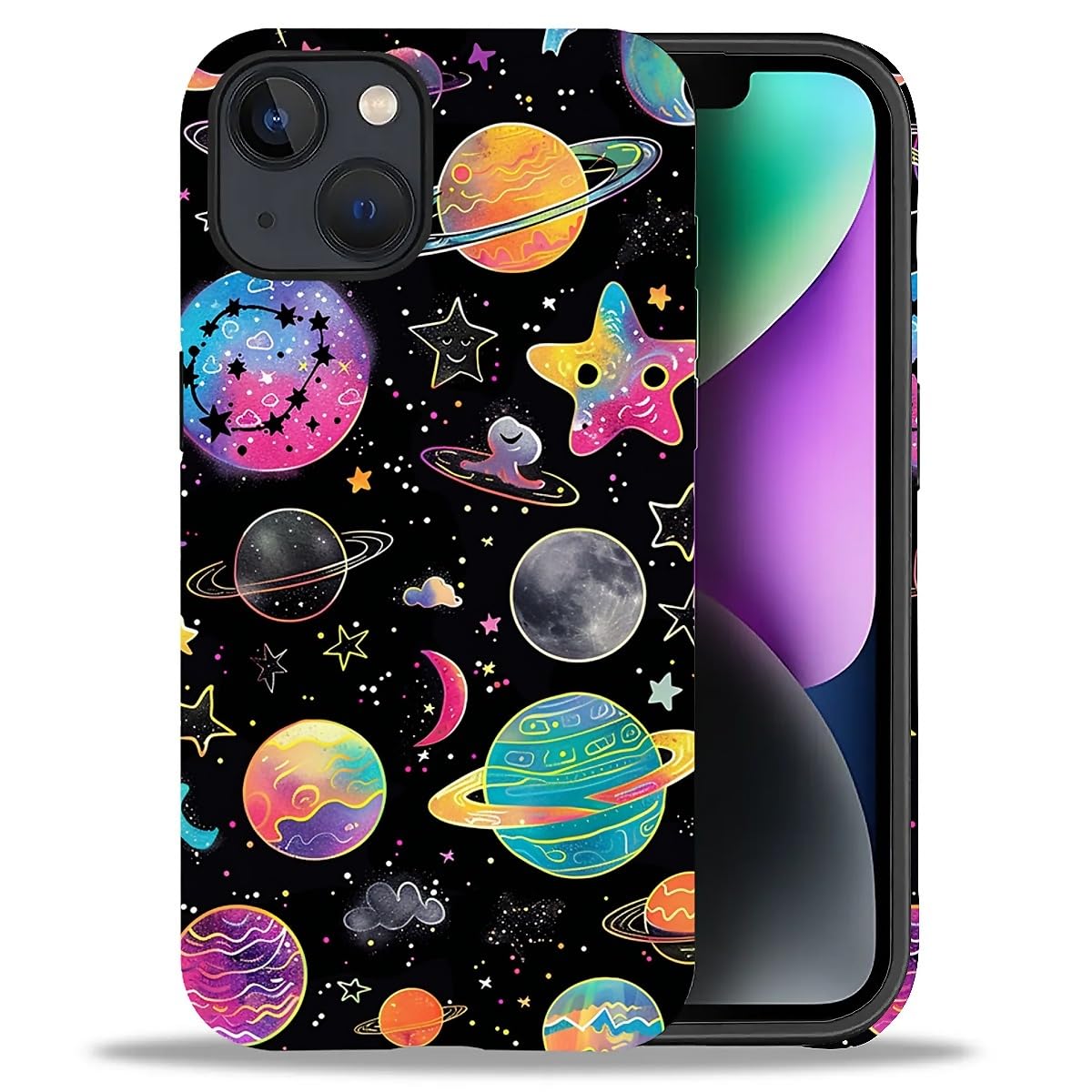 WANKBLC Compatible with iPhone 13 14 Matte Case, Rainbow Planet Stars Space Pattern for Girl Full Body Design Soft Silicone Drop