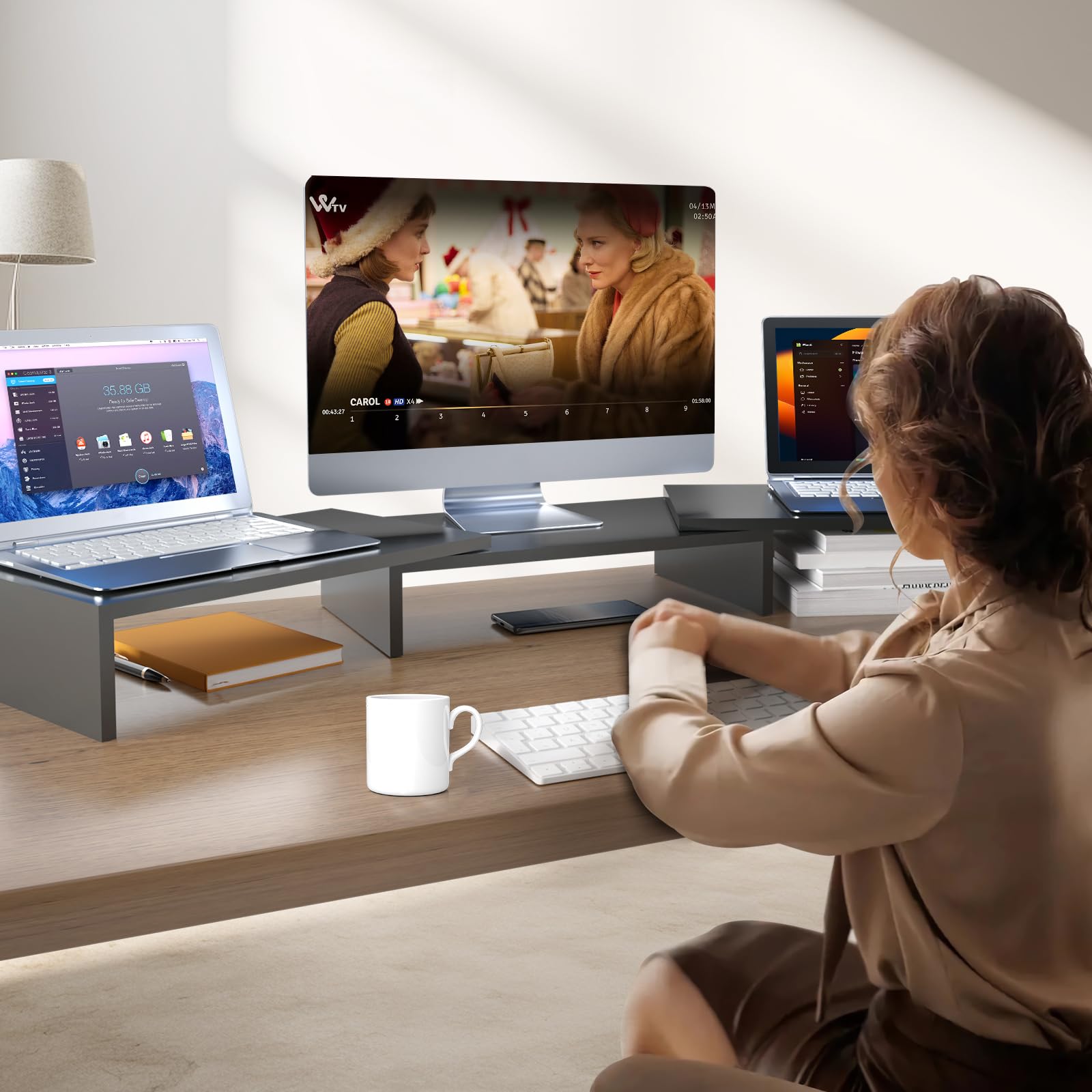 Pholiten Dual Monitor Stand Riser For 2 Monitors,Desktop Monitor Stand With Adjustable Length And Swivel Angles, Extra Long Mult