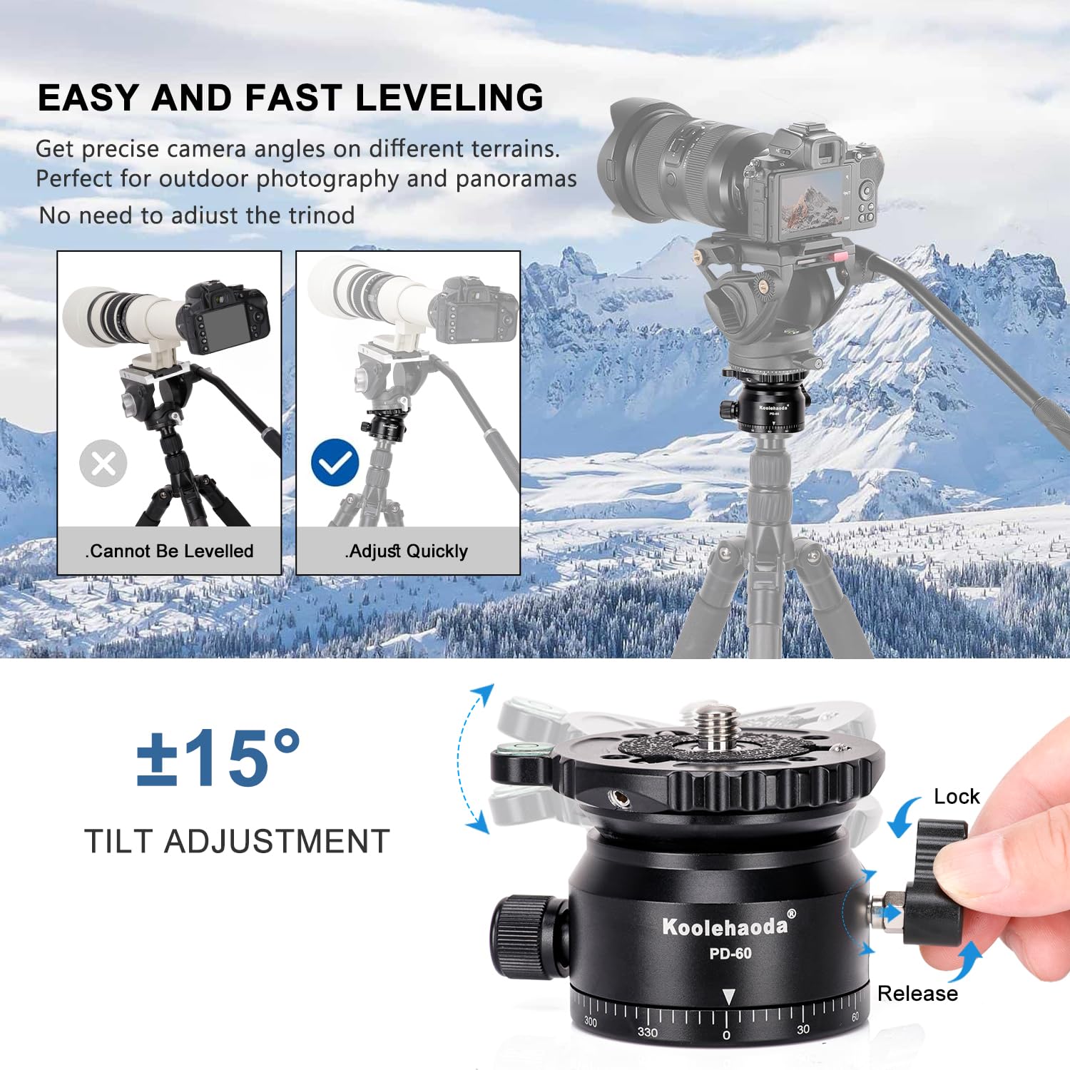 Koolehaoda Tripod Leveling Base Camera Leveler Tripod Head 66Mm Half Ball Inclination 15 And 360 Panoramic, 1/4-3/8 Mounting Scr