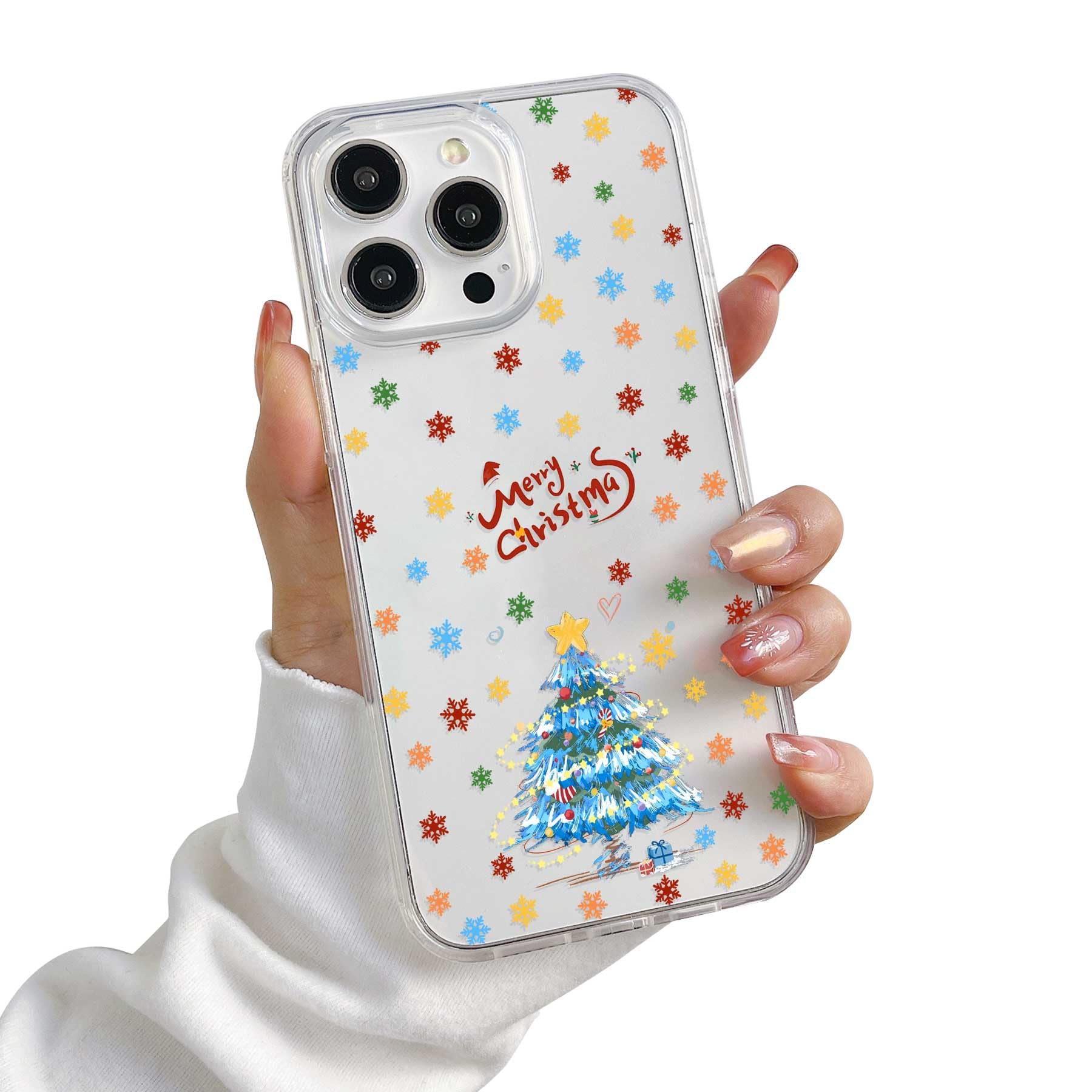 Yetagso Christmas Phone Case for iPhone 14 Pro,Clear TPU Bumper Hard PC Back Merry Christmas Pattern Phone Cover,Blue Xmas Tree