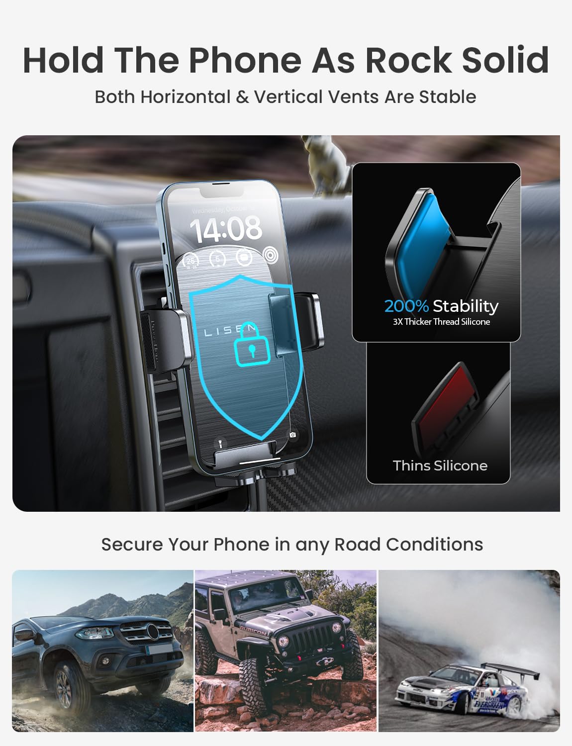 Lisen Air Vent Phone Holder For Car, Phone Holders For Your Car Vent Wider Clamp & Metal Hook Phone Holder [Thick Cases Friendly