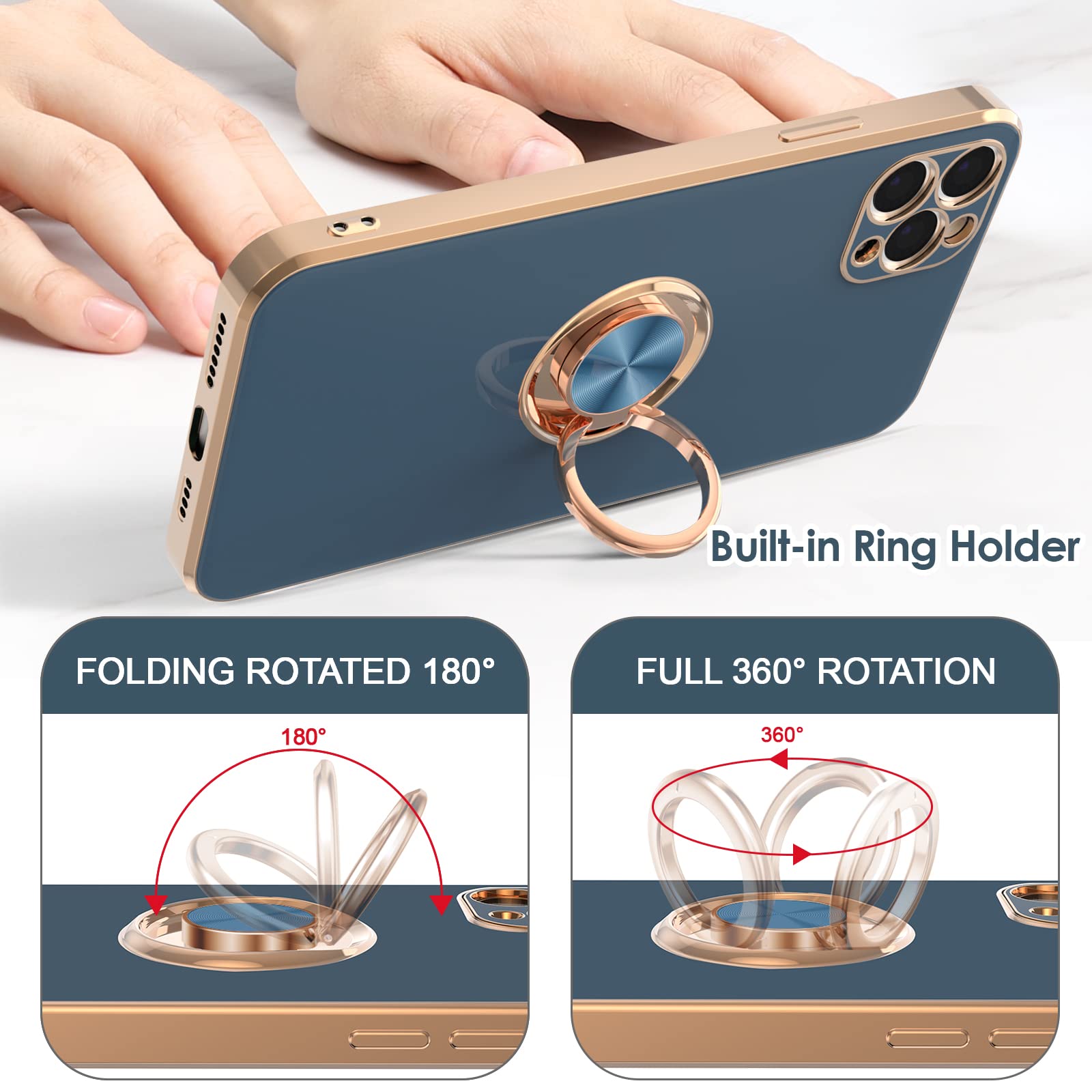 Hython For Iphone 11 Pro Max Case With Ring Stand, Plating Rose Gold Edge 360 Rotatable Ring Holder Magnetic Kickstand Cover, Sl