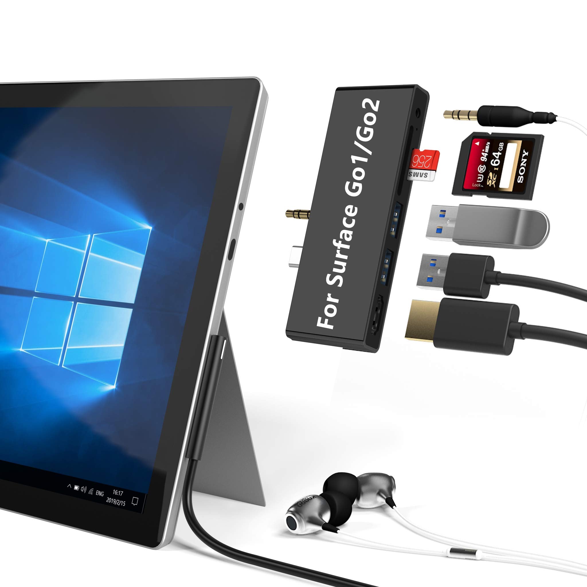 Surface Go Docking Station, For Surface Go1/Go2, 7 In 2 Adapter With 4K Usb C To Hdmi, 2 Usb 3.0 Ports, Earphones Jack ,Sd/Tf Ca