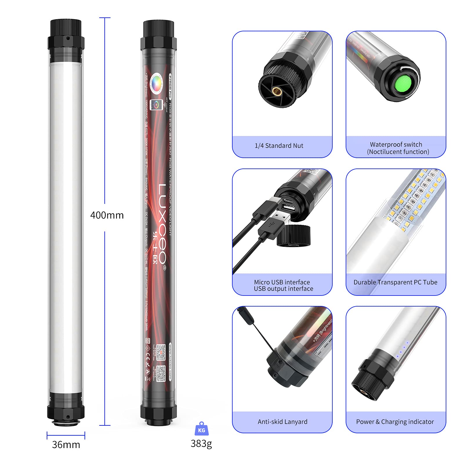 Uyled P7Rgbpro Handheld Photography Light With App Control 360  Full Color Led Video Light Wand 12 Lighting Modes,Cri=95 Ip68 Wa