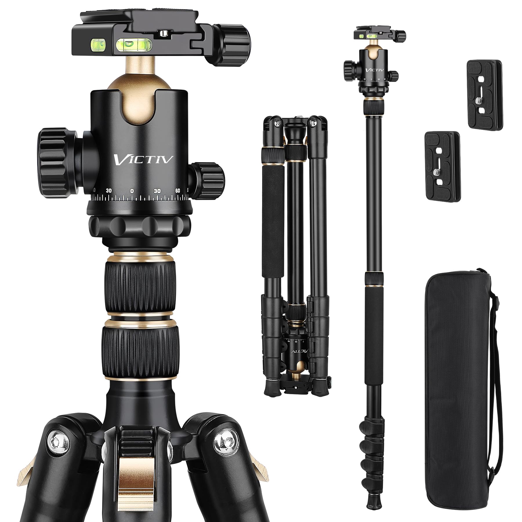 77' Aluminum Camera Tripods & Monopods, Victiv Compact Travel Tripod For Camera Dslr, Spotting Scope,Telescope, Binoculars, Porfessional Heavy Duty Camera Tripod Stand For Photography Video Recording