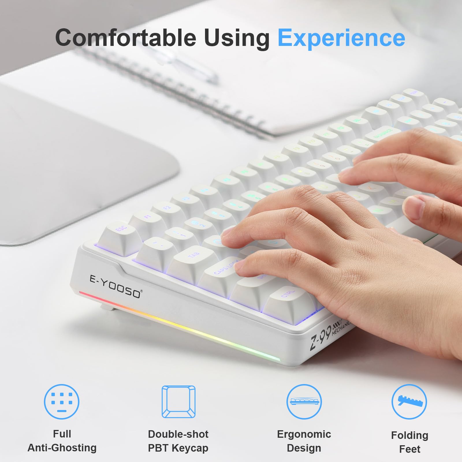 Huo Ji E Yooso Creamy Mechanical Keyboard Wired, Hot Swappable, Pre Lubed Linear Switches, Gasket Structure With Sound Dampening Foam, Rgb Backlit, 99 Keys Custom Gaming Keyboard For Pc/Mac,White