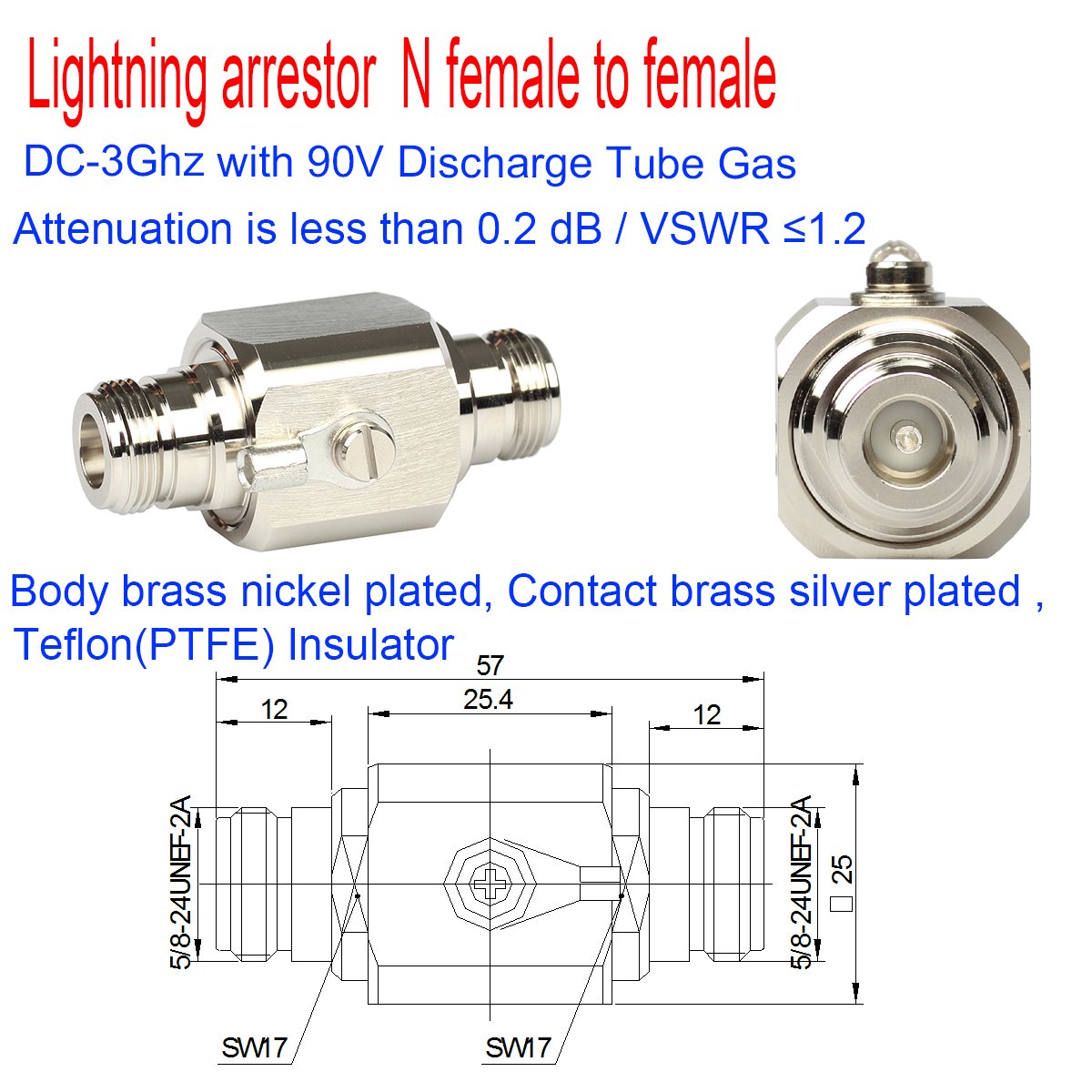 Lightning Arrestor N Female To Female 50 Ohm Lightning Surge Protector With 90 V Gas Tube Dc 3Ghz