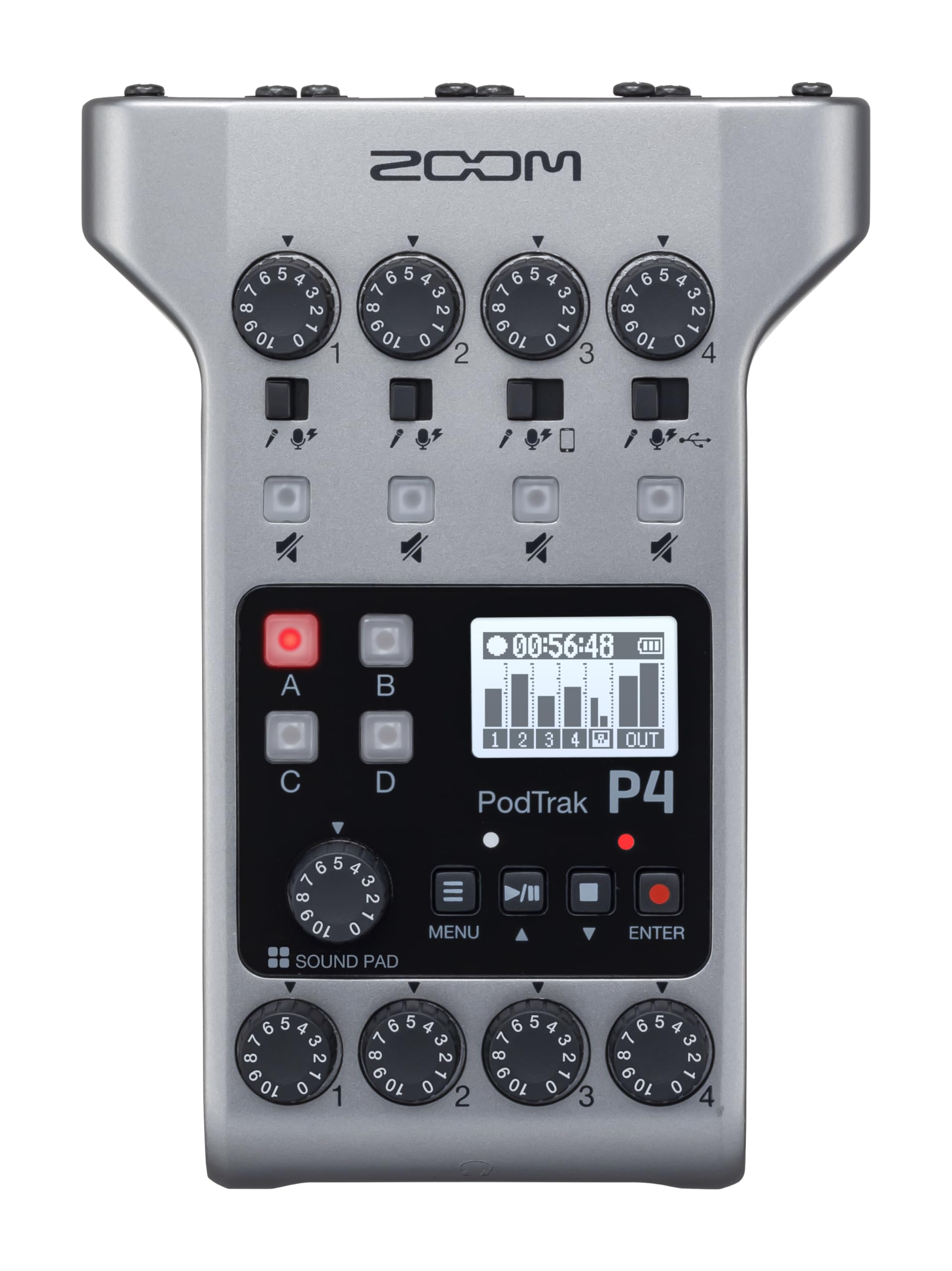 Zoom Podtrak P4 Podcast Recorder, Battery Powered, 4 Microphone Inputs, 4 Headphone Outputs, Phone And Usb Input For Remote Inte