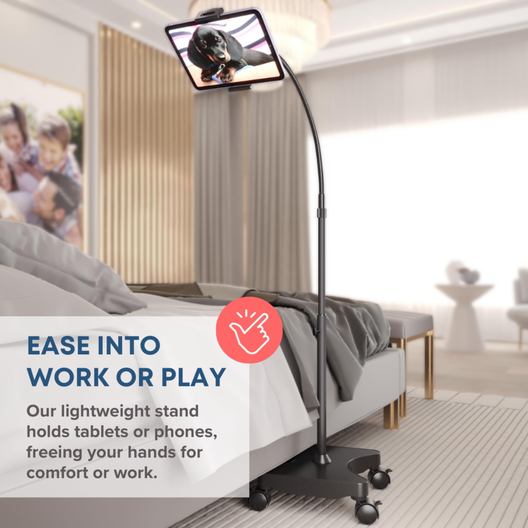 Levo Adjustable Height Floor Stand On Wheels For Tablet & Phone   Gooseneck Holder Mount With Stable Base   Compatible With All Cell Phones & Tablets (4 13 Inch)   Black With Casters