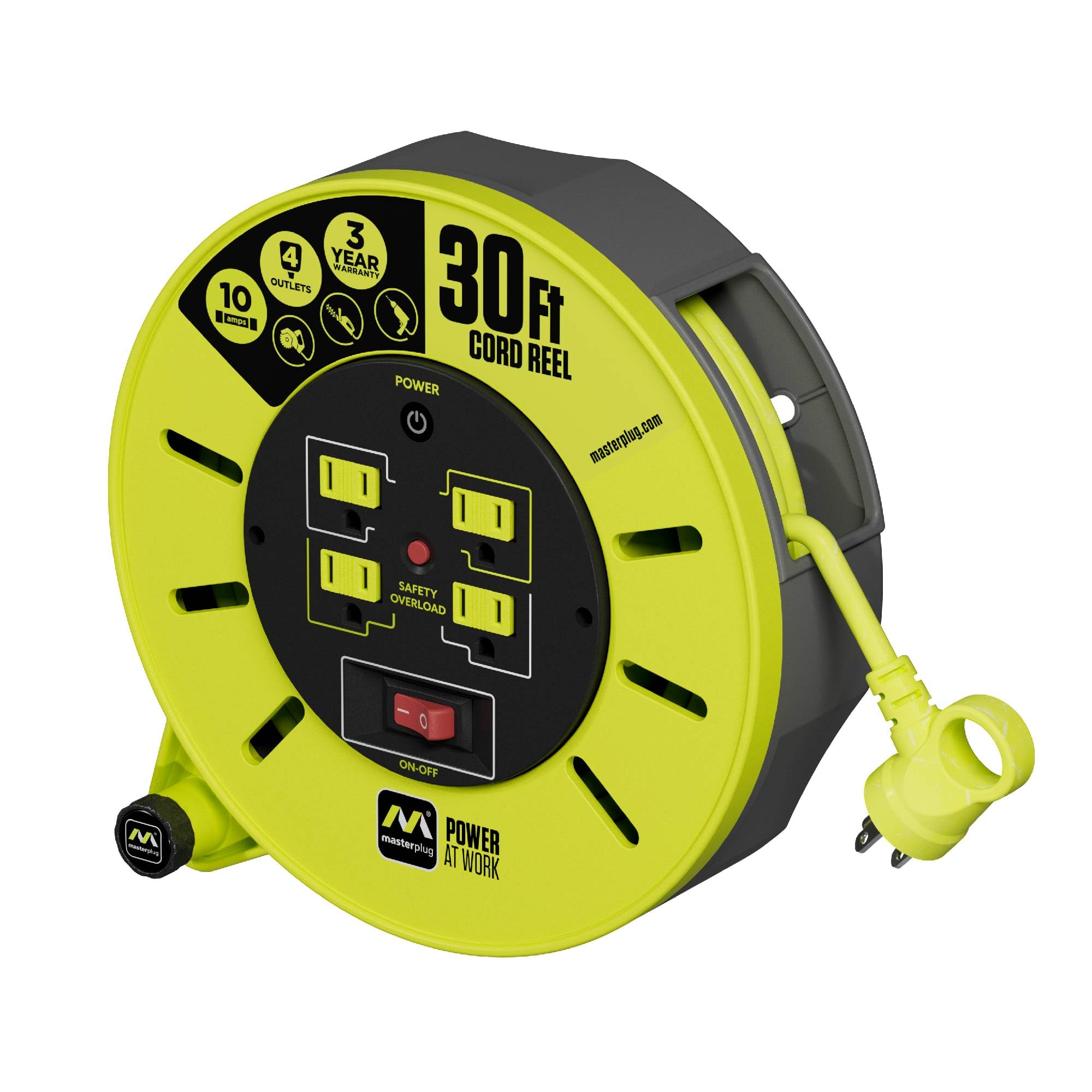 Masterplug 30Ft Cassette Cord Reel, Retractable Extension Lead With Winding Handle, Safety Overload Circuit Breaker And Power Sw