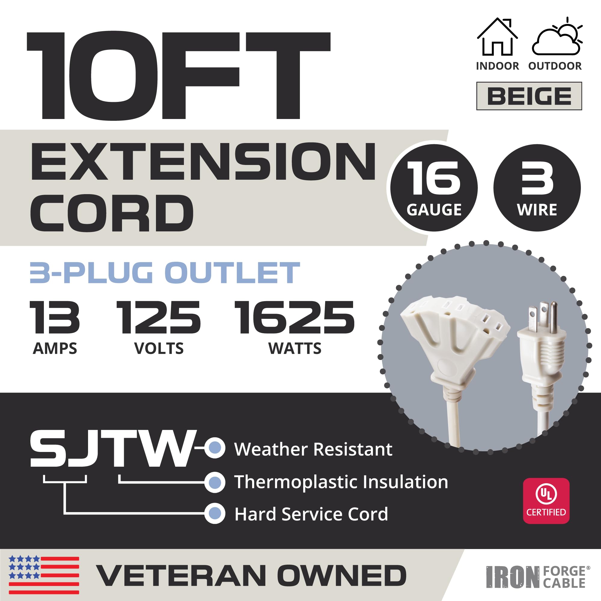 Iron Forge Cable 10 Ft Beige Outdoor Extension Cord With 3 Outlets   16/3 Sjtw 10Ft Extension Cord 3 Prong, 13 Amp All Weather H