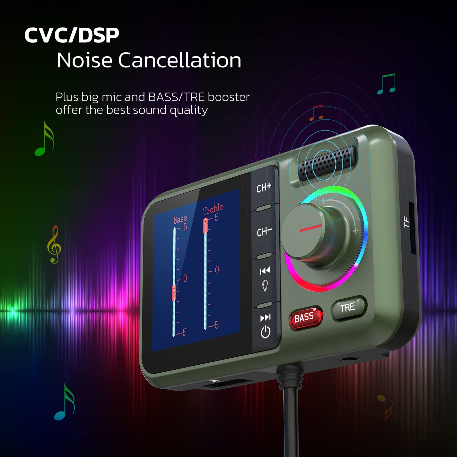 Nulaxy Bluetooth Fm Transmitter For Car, Wireless Car Bluetooth Adapter With Big Color Screen, Support Qc3.0 Fast Charging, Hands Free Call, Mp3 Music Player Bass&Tre Booster, Tf Card Aux Km28 Green