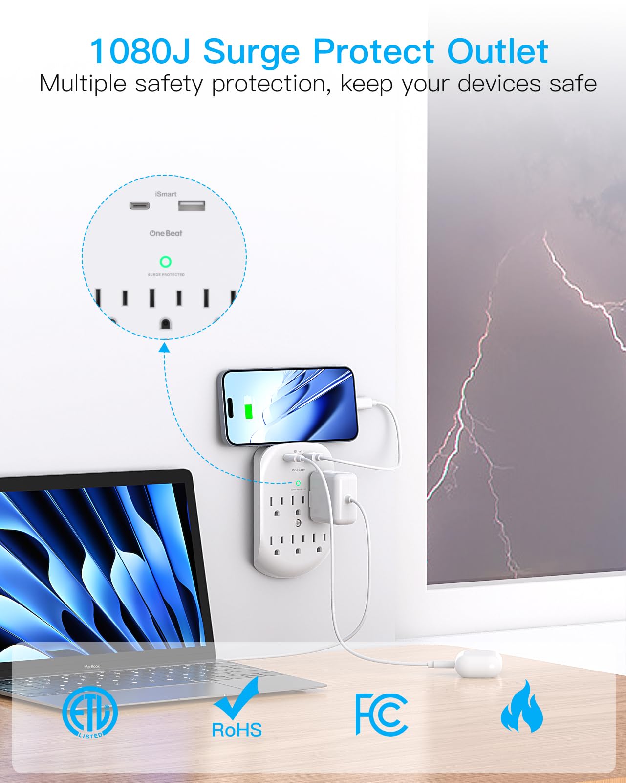 2 Pack Surge Protector Outlet, Multi Plug Outlet Adapter With 6 Wall Outlets 2 Usb Wall Charger (1 Usb C Port), Wall Outlet Exte