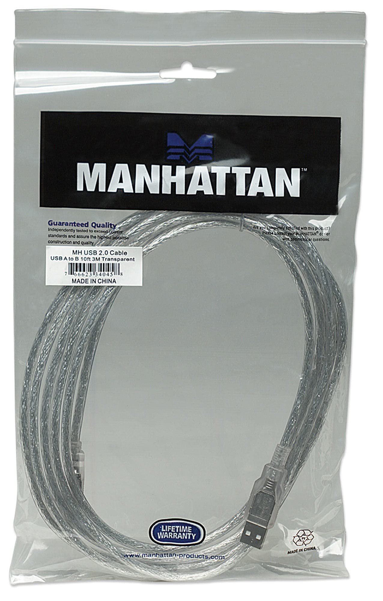 Manhattan A Male/B Male, 10 Feet, Translucent Silver, Hi Speed Usb Device Cable (340458)