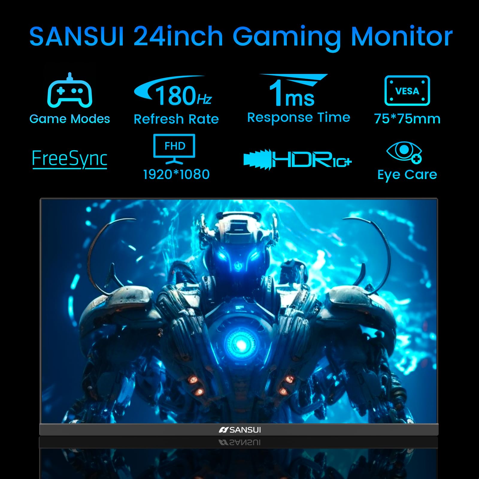 Sansui 24 Inch Gaming Monitor 180Hz, Dp 1.4 X1 Hdmi 2.0 X2 Ports Ips Panel High Refresh Rate Computer Monitor, Racing Fps Rts Mo