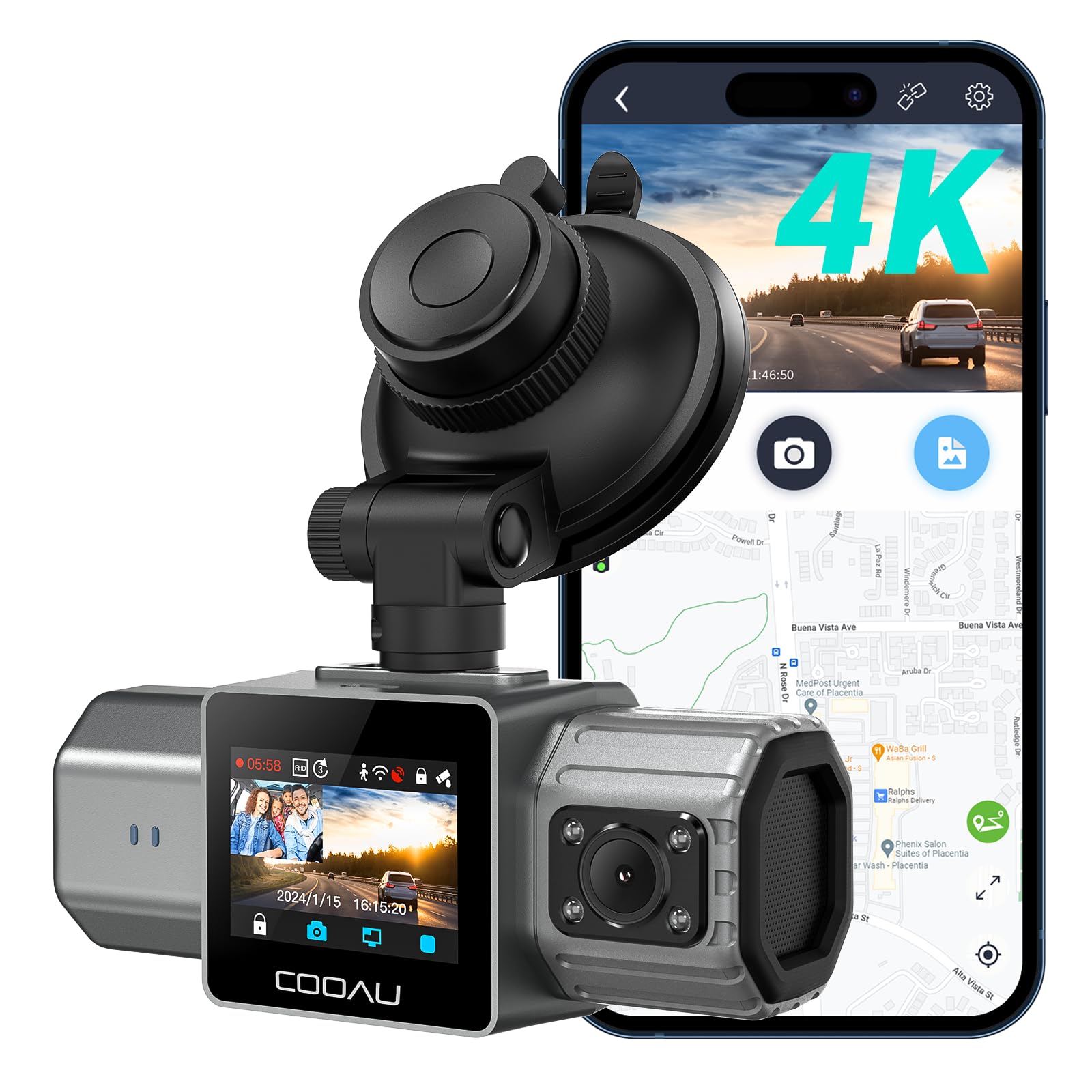 Cooau 4K Dual Dash Cam, Built In Gps Wi Fi, 2.5K+1080P Dash Cam Front And Inside With Infrared Night Vision, Dash Camera With Pa