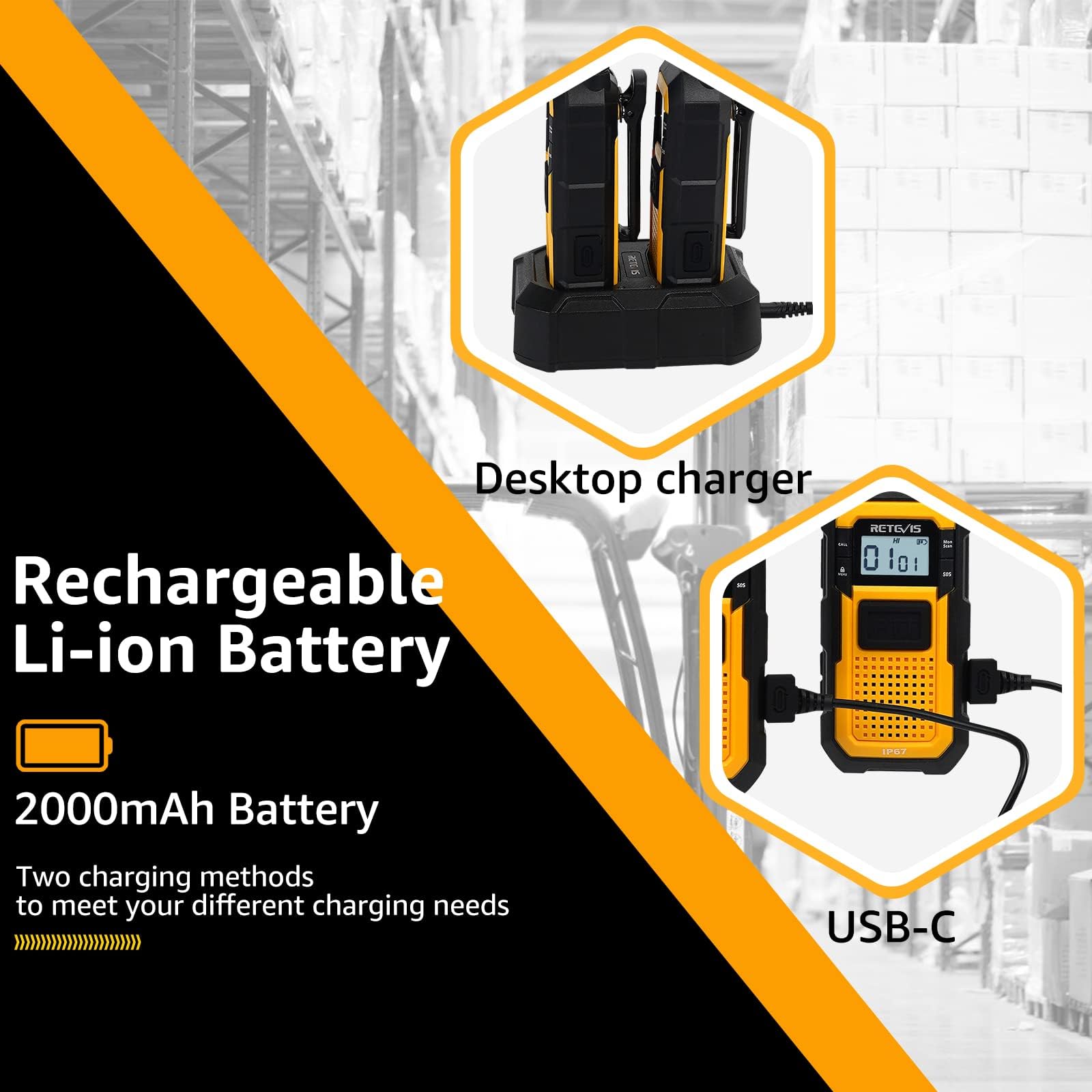 Retevis Rb48 Heavy Duty Walkie Talkies, Waterproof Two Way Radio, Advanced Triple Proof, 2000 Mah, Emergency, 2 Way Radio Long Range For Job Site (4 Pack) Yellow