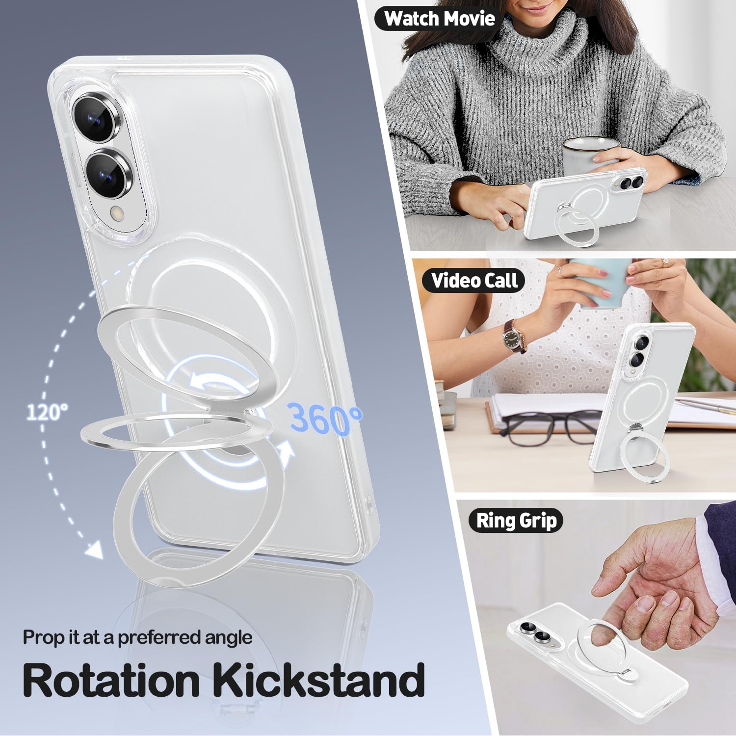 3-In-1 [360 Spin Stand+Magnetic+Ring Holder] Case For Samsung Galaxy S25 Edge Fit For Magsafe, Military Grade Protective, Transl