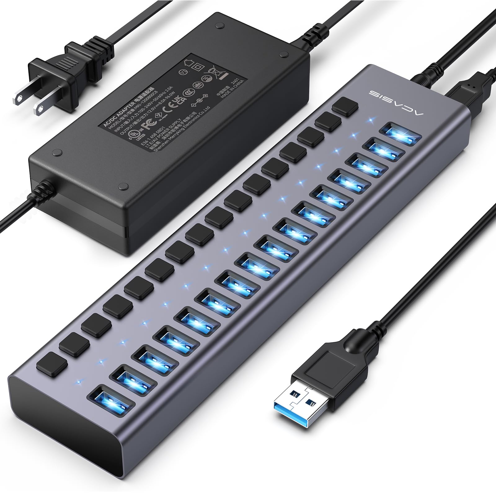 Powered Usb 3.1 Hub, Acasis 16 Ports Usb 3.1 Hub With 10Gbps Data Speed,Aluminum Housing, Usb Hub Powered With 96W Power Adapter, Usb Hub For Pc/Laptop, Computer, Flash Drive, Printer, Camera