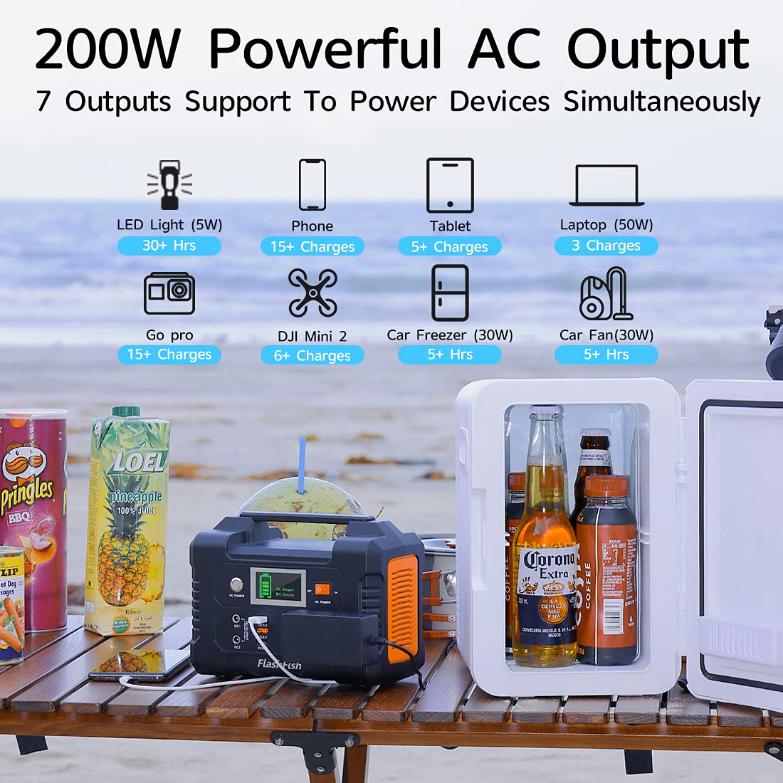 200W Portable Power Station, Flashfish 40800Mah Solar Generator With 110V Ac Outlet/2 Dc Ports/3 Usb Ports, Backup Battery Pack