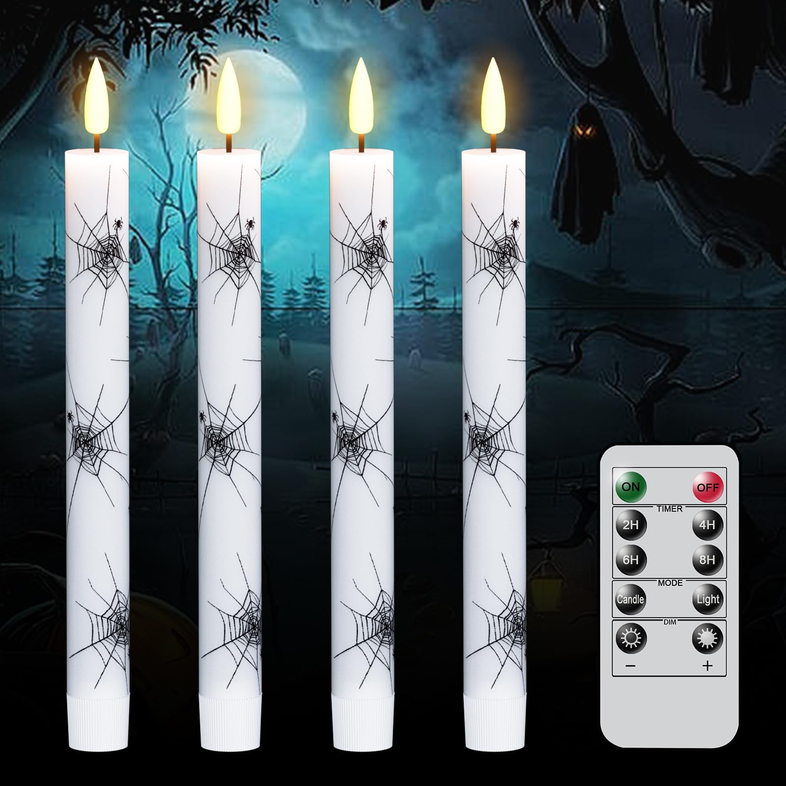 Genswin Real Wax Flameless Taper Candles, 4 Pack Halloween Led Taper Candles Battery Operated With Remote Timer, Flameless Candl