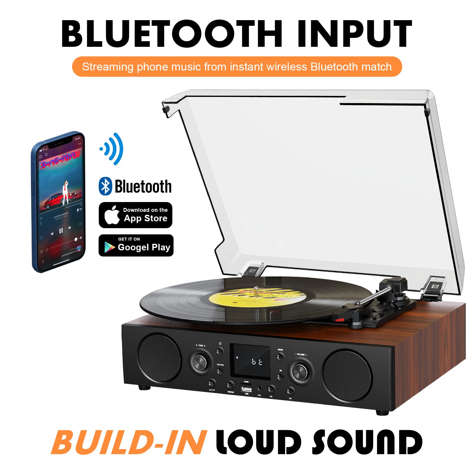 Vinyl Record Player With Speaker, Usb Recording Mute Sound, 3 Speed Vintage Turntable With Bluetooth Fm Radio Rca Line Out & Axu