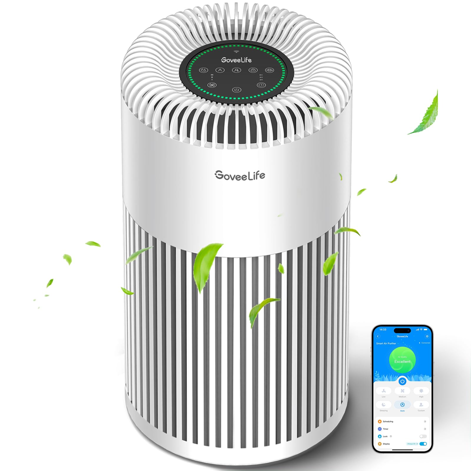 Goveelife Smart Air Purifier For Home Large Room Up To 1524 Sq.Ft.With Washable Filter, Integrated Pm 2.5 Air Quality Sensor,Wif