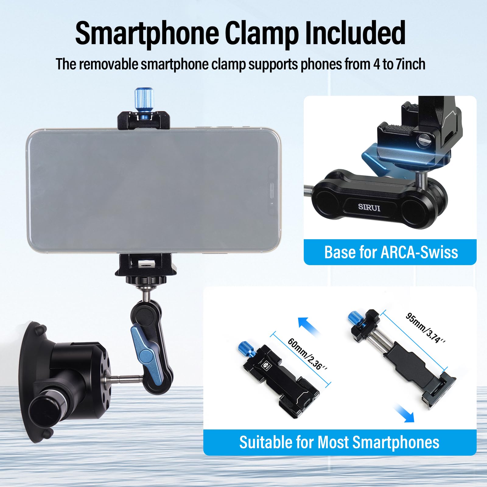 Sirui Suction Cup Mount For Camera And Phone, Air Pump Vacuum Suction Cup With Magic Arm, Phone Holder, 360�Rotating Double Head Windshield Window Mount For Gopro, For Insta360, For Dji Action, Ma Sc