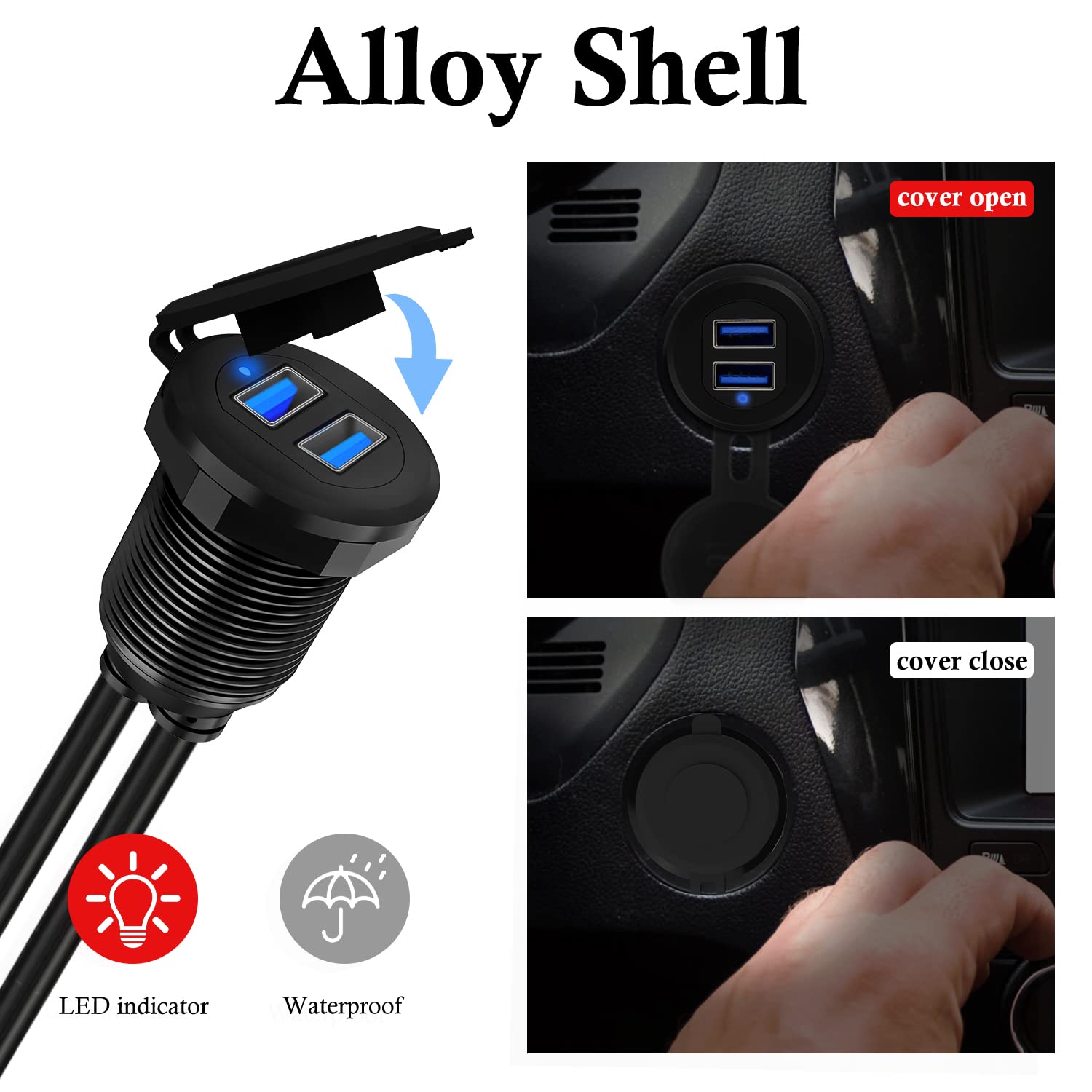 Batige Alloy Dual Port Usb 3.0 Car Dashboard Flush Mount Cable, Male To Female With Led Indicator Extension Cable For Car Truck Boat Motorcycle Dashboard Panel 1Ft