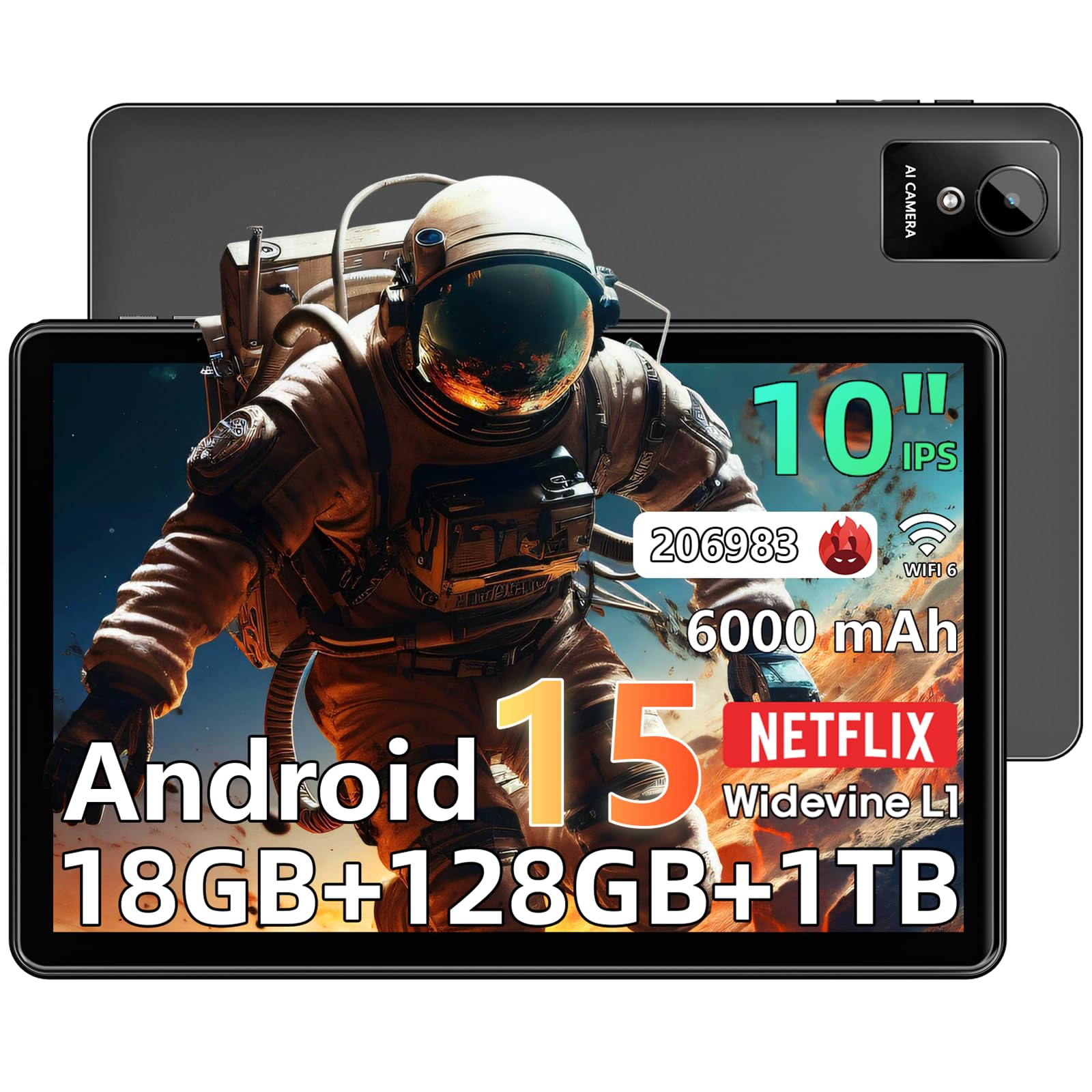 Raemond Tablet 10 inch Android 15 Tablets, 18GB RAM 128GB ROM 1TB Expand, Octa-Core Processor, 1280x800 IPS Widevine L1, WiFi 6,