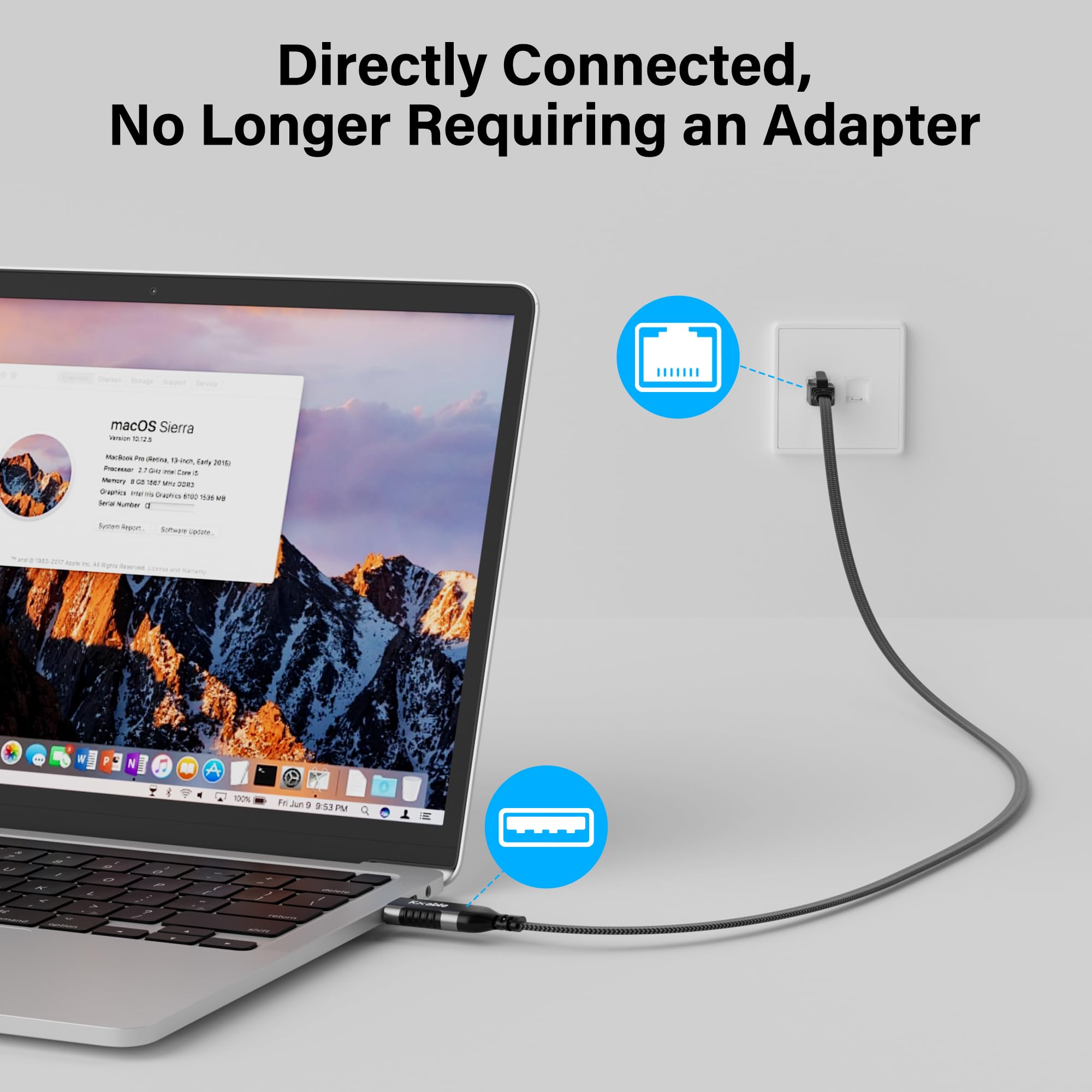 Flat Usb To Ethernet Cable 20 Ft, Usb 3.0 A To Rj45 Thin Cord, Directly Connected, Aluminum, Braided, Ofc, Usb To Rj45 Gigabit L