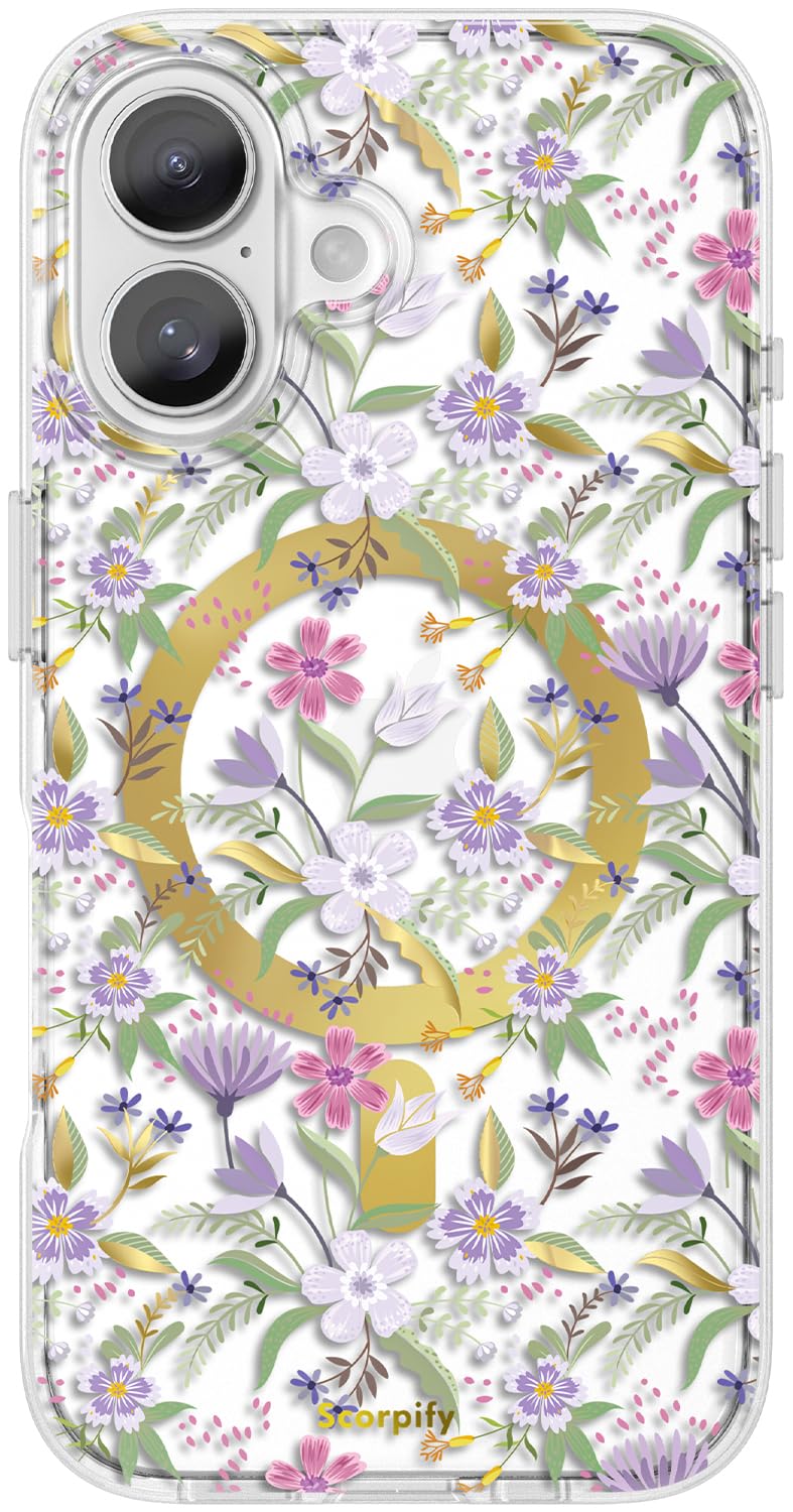 Scorpify For Iphone 16 Case [Compatible With Magsafe] With Purple Cherry Floral Design, Cute Clear Flower Magnetic Phone Cover F