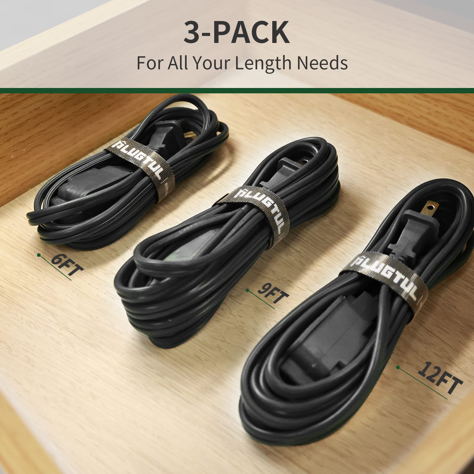 Plugtul 3 Pack Indoor Extension Cord (6/9/12Ft), 2 Prong Black Extension Cord, 3 Polarized Outlets With Safety Cap Protect For H