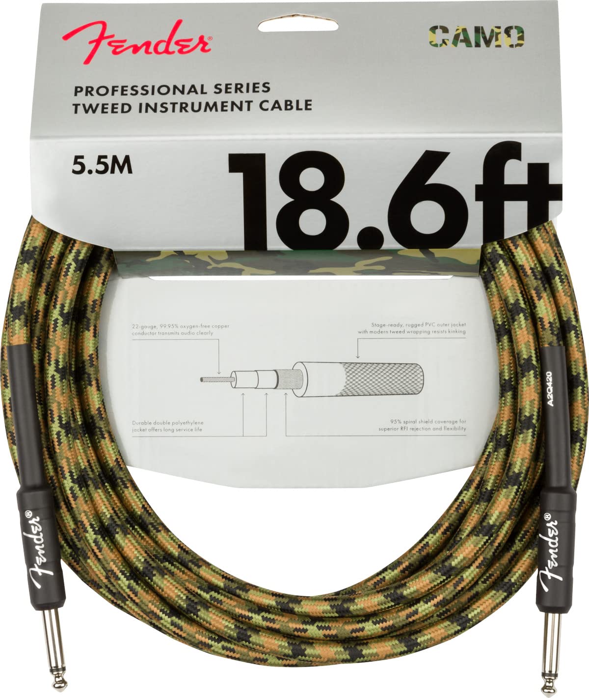 Fender 18.6 Foot Professional Tweed Instrument Cable, Straight Straight, Woodland Camo   1 Pack