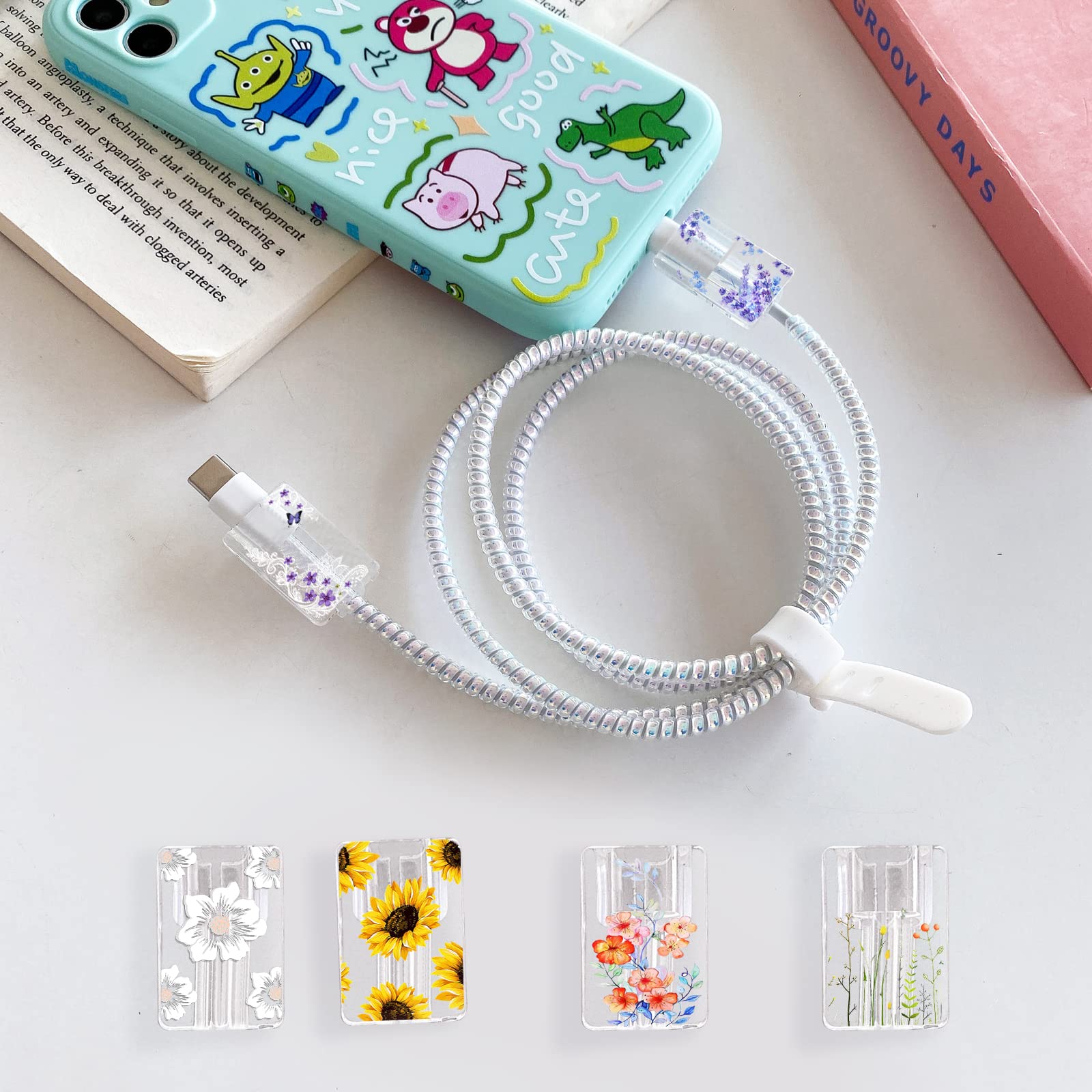 Cute Floral Cable Protector For Iphone Charger Lavender Camellia Sunflower Flower Bouquet Lace Cherry Blossom Pattern 6 Pcs Set