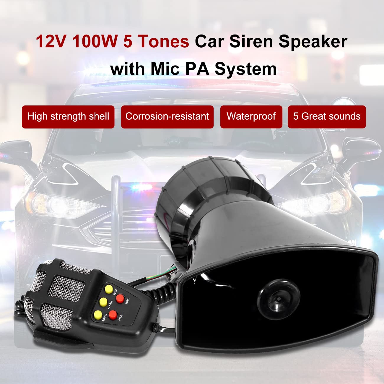 Partol Car Siren Horn 5 Tone Vehicle Siren Speaker With Mic Pa Speaker System 100W Emergency Sound Amplifier With Microphone