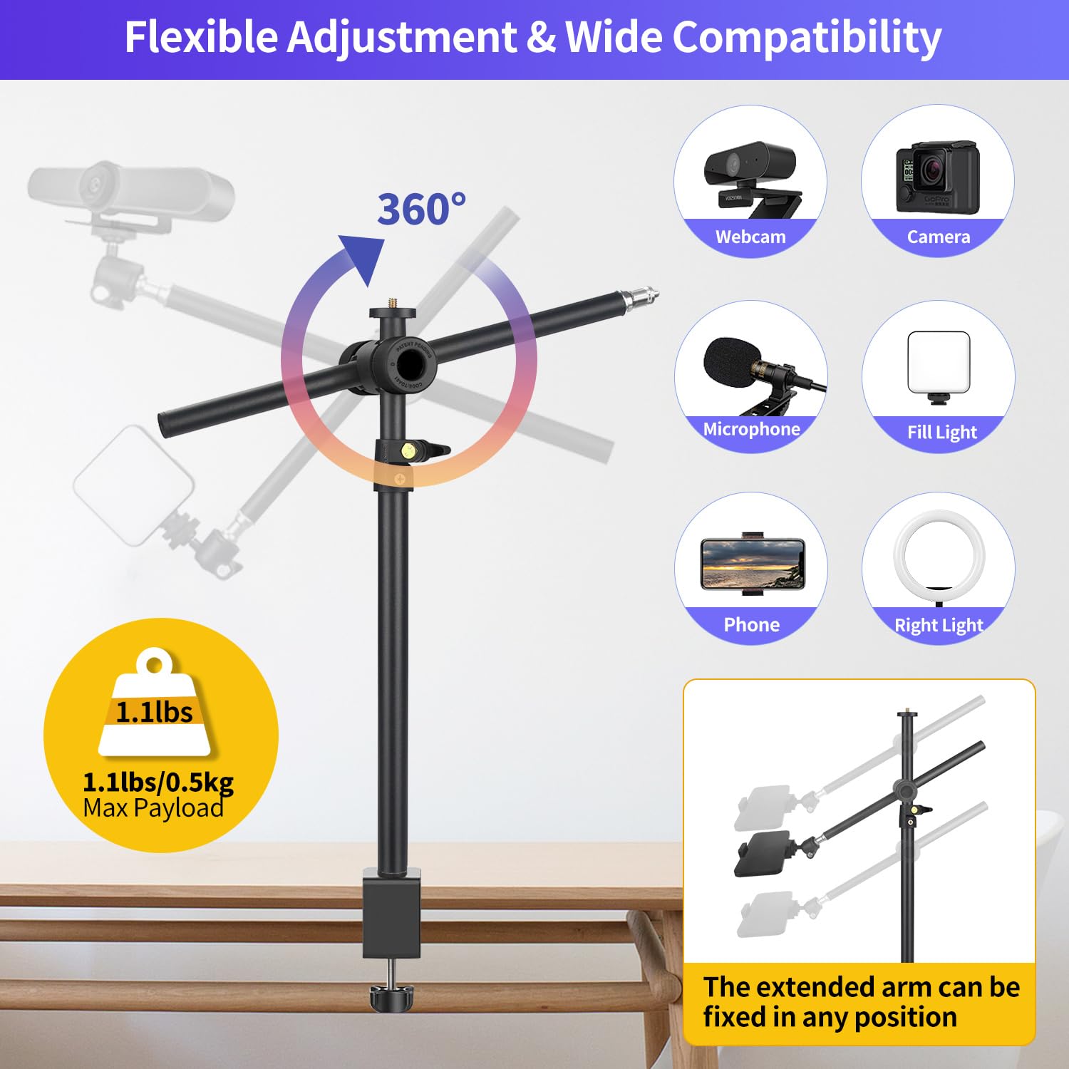 Overhead Camera Mount Desk Stand With Magic Arm, Webcam Stand With 360 Adjustable Extension Arm, Ball Head, Phone Holder, Tablet