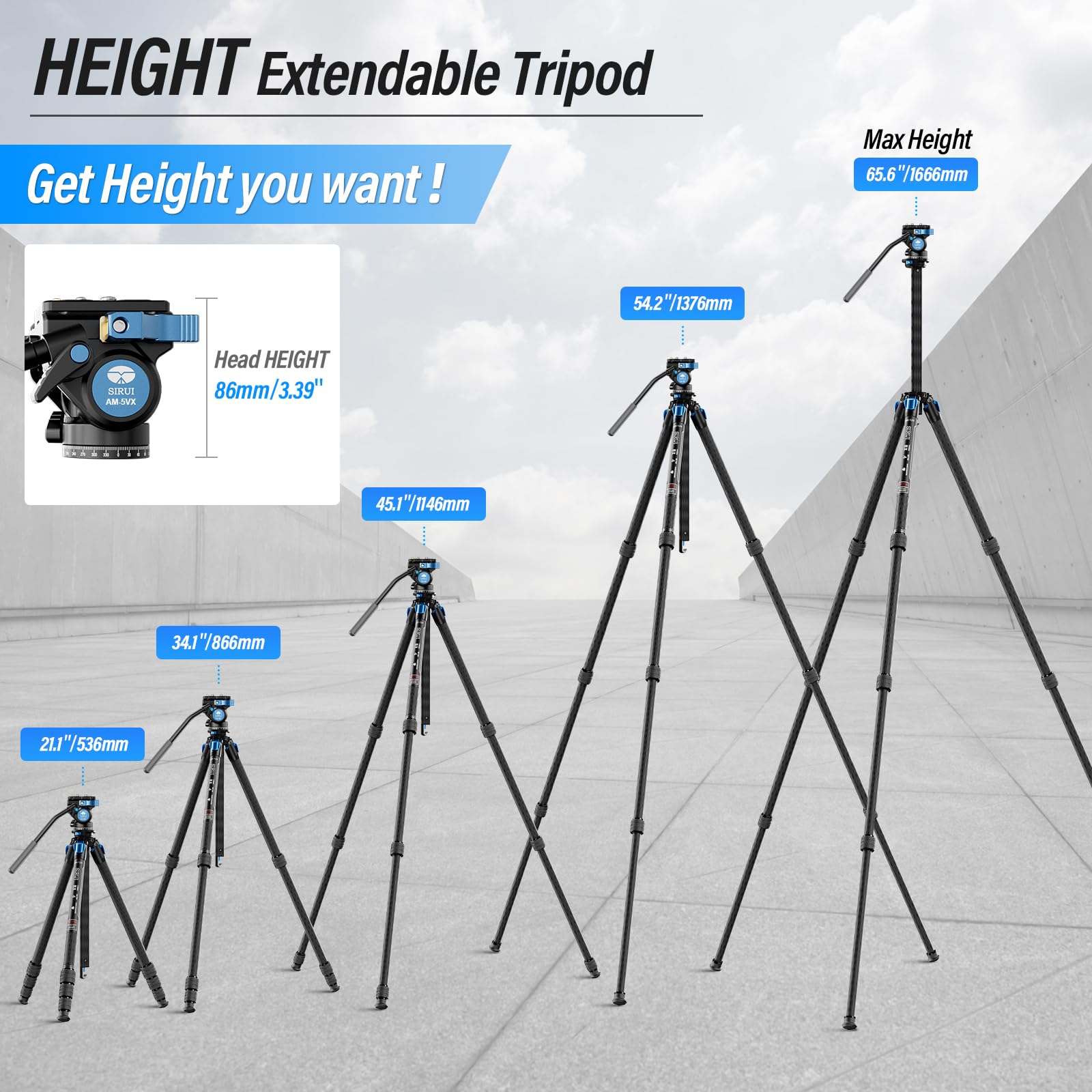 Sirui Am 124 Carbon Fiber Tripod With Am 5Vx Fluid Head, 65.6� Compact Video Camera Tripod For Travel, Triangular Center Column, Side Loading Qr Plate, Waterproof Twist Lock, Loads 6.6Lbs